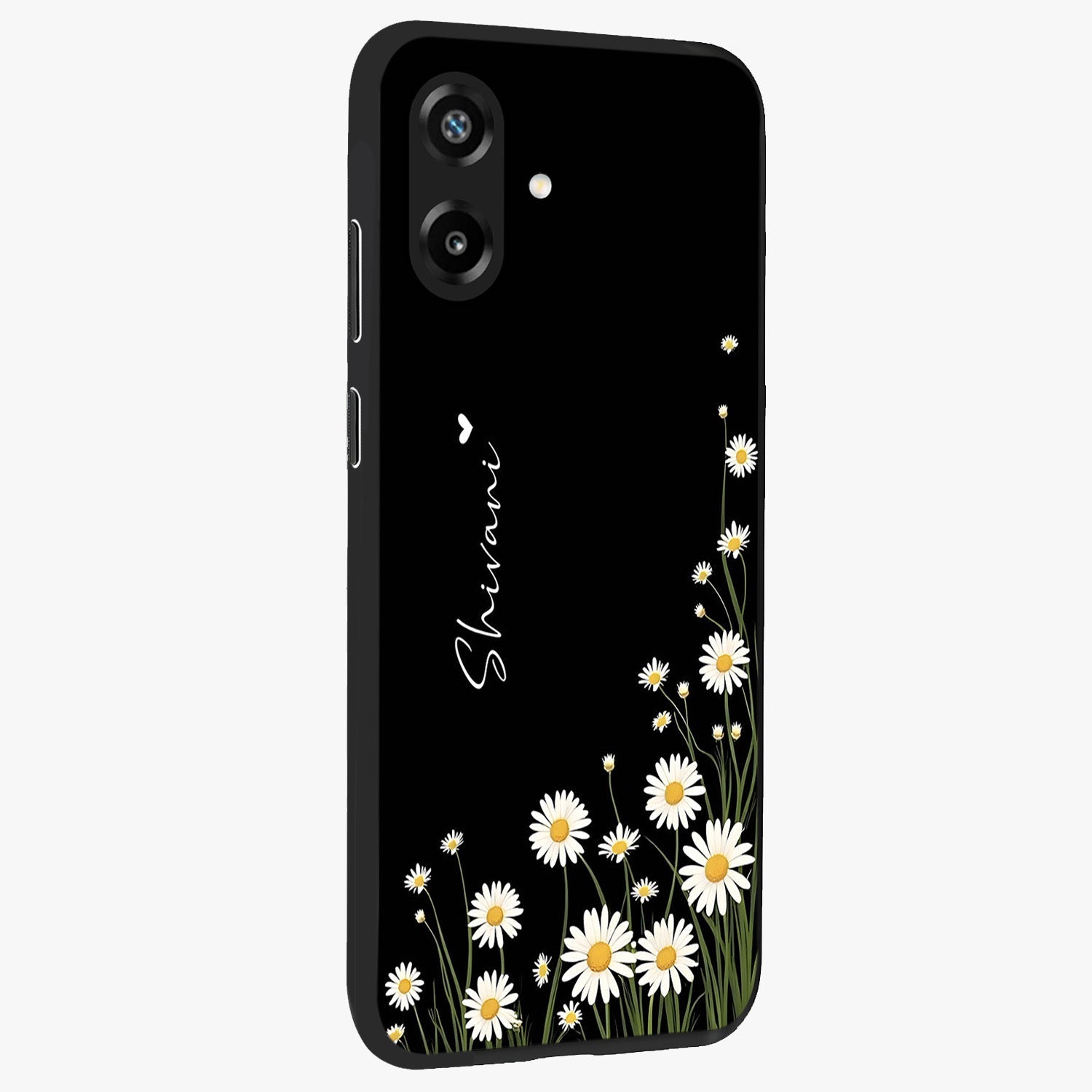 Daisy Cascade Custom Name Glass Case upright view showcasing elegant floral cascade design with personalized aesthetic.