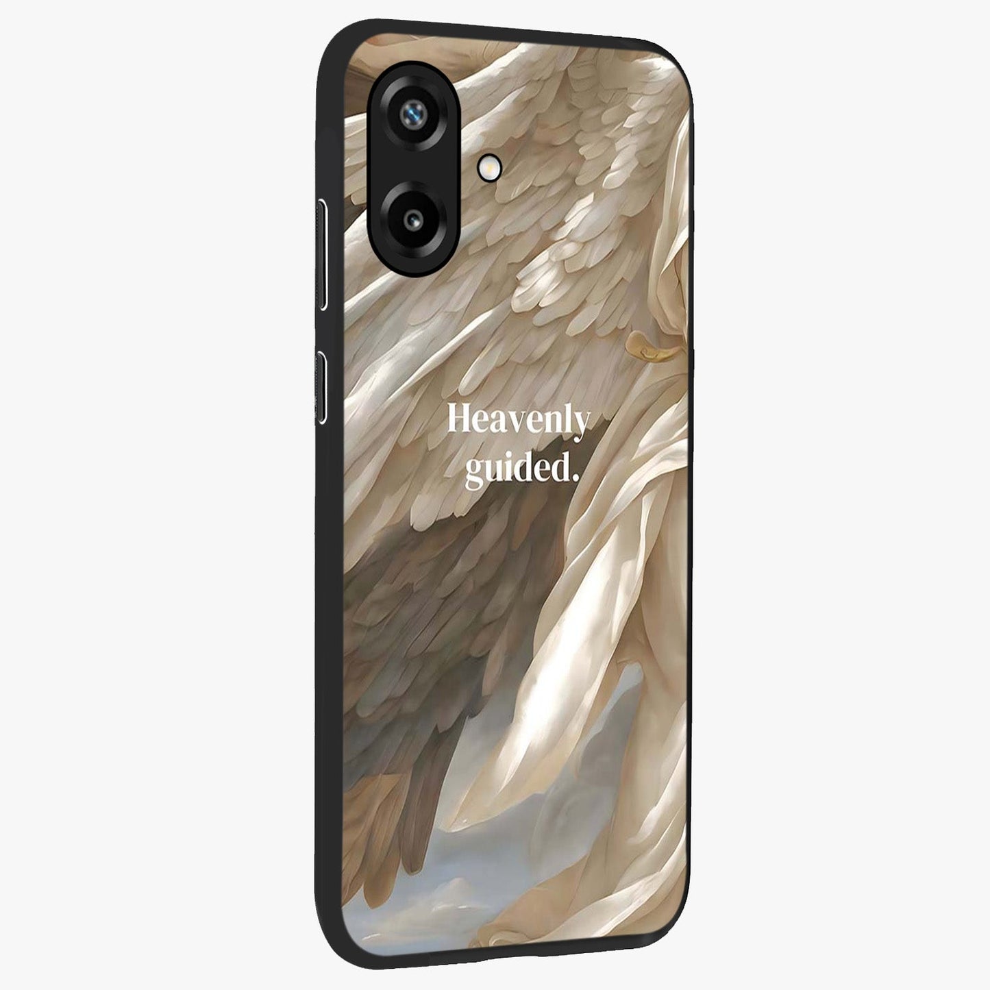 Divine Winged Grace Glass Case upright view showcasing spiritual wing artwork with soft celestial theme.