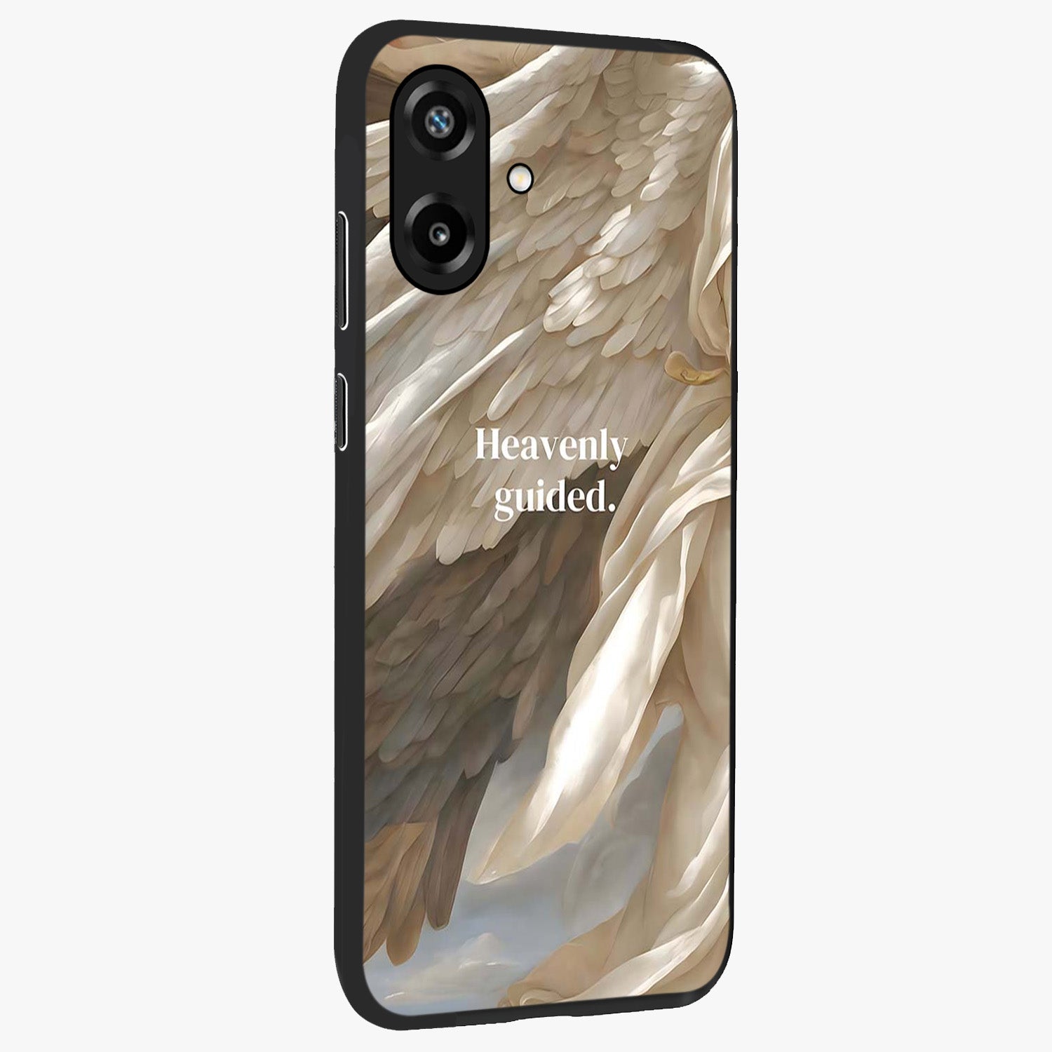 Divine Winged Grace Glass Case upright view showcasing spiritual wing artwork with soft celestial theme.