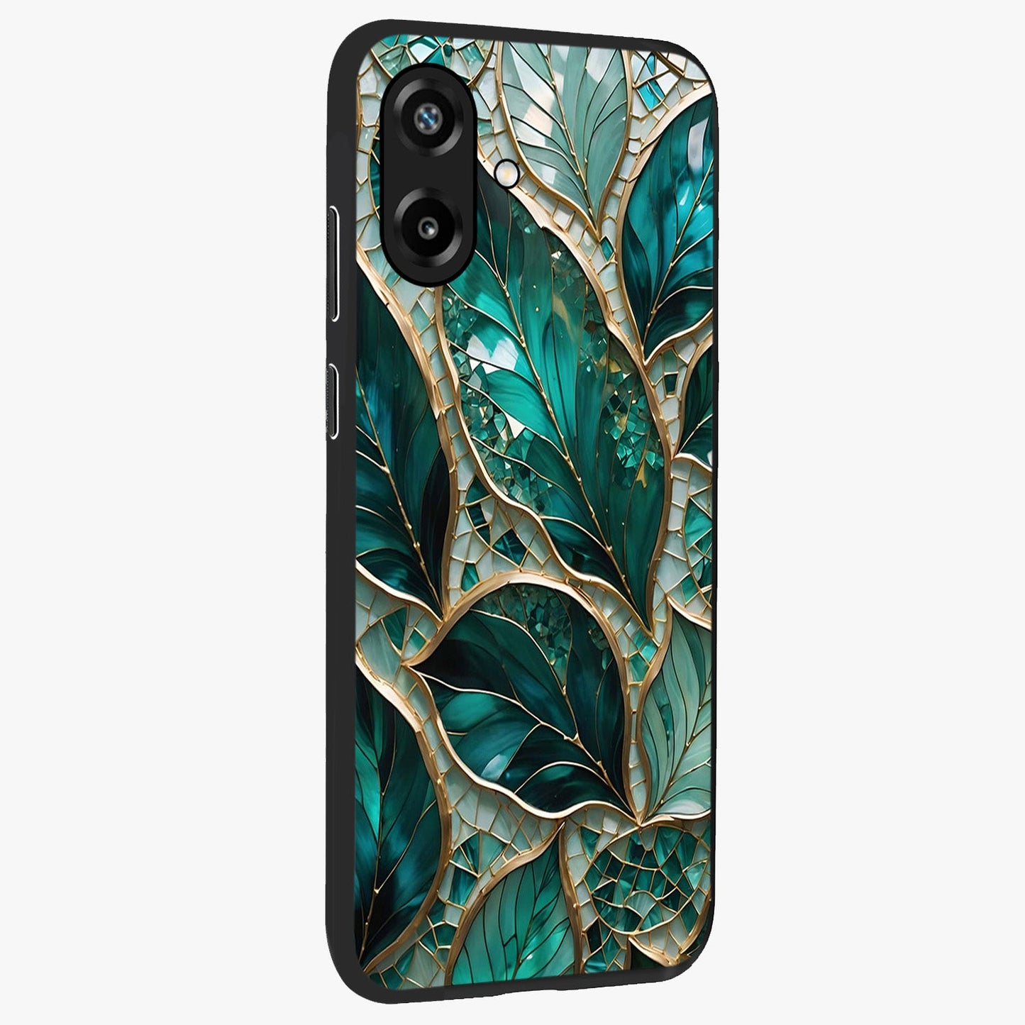 Emerald Leaf Glass Glass Case upright view showcasing fresh green leaf artwork with calming nature inspired style.