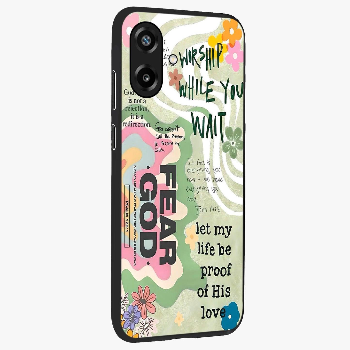 Faith Over Fear Glass Case upright view showcasing bold typography artwork with uplifting motivational theme.