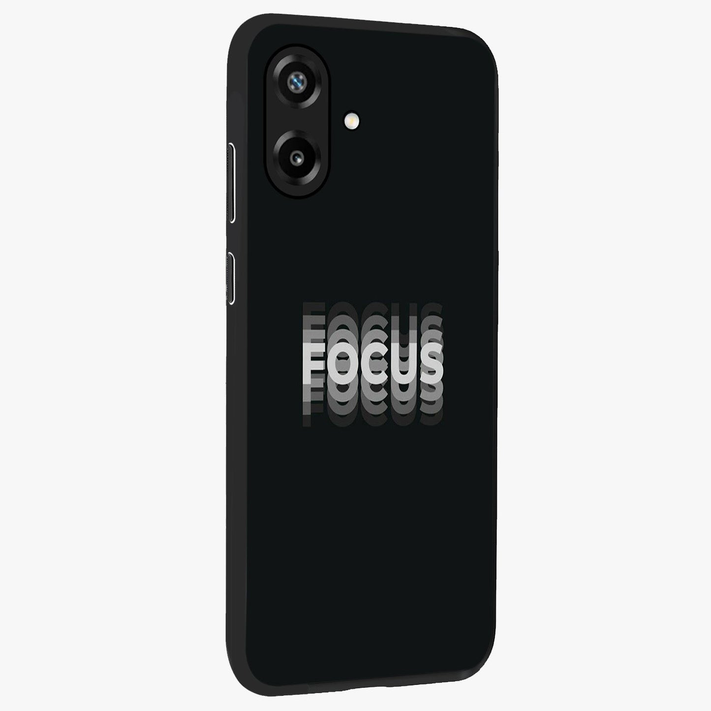 Focus Mode On Glass Case upright view showcasing strong typography statement with sleek motivational theme.