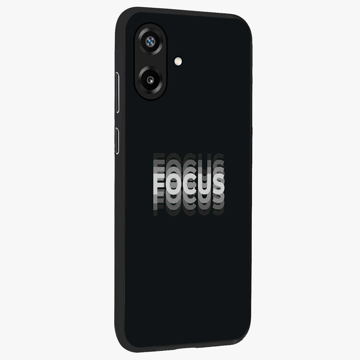 Focus Mode On Glass Case upright view showcasing strong typography statement with sleek motivational theme.