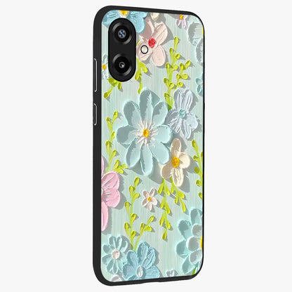 Frosted Petal Garden Glass Case upright view showcasing elegant floral garden artwork with soothing pastel theme.