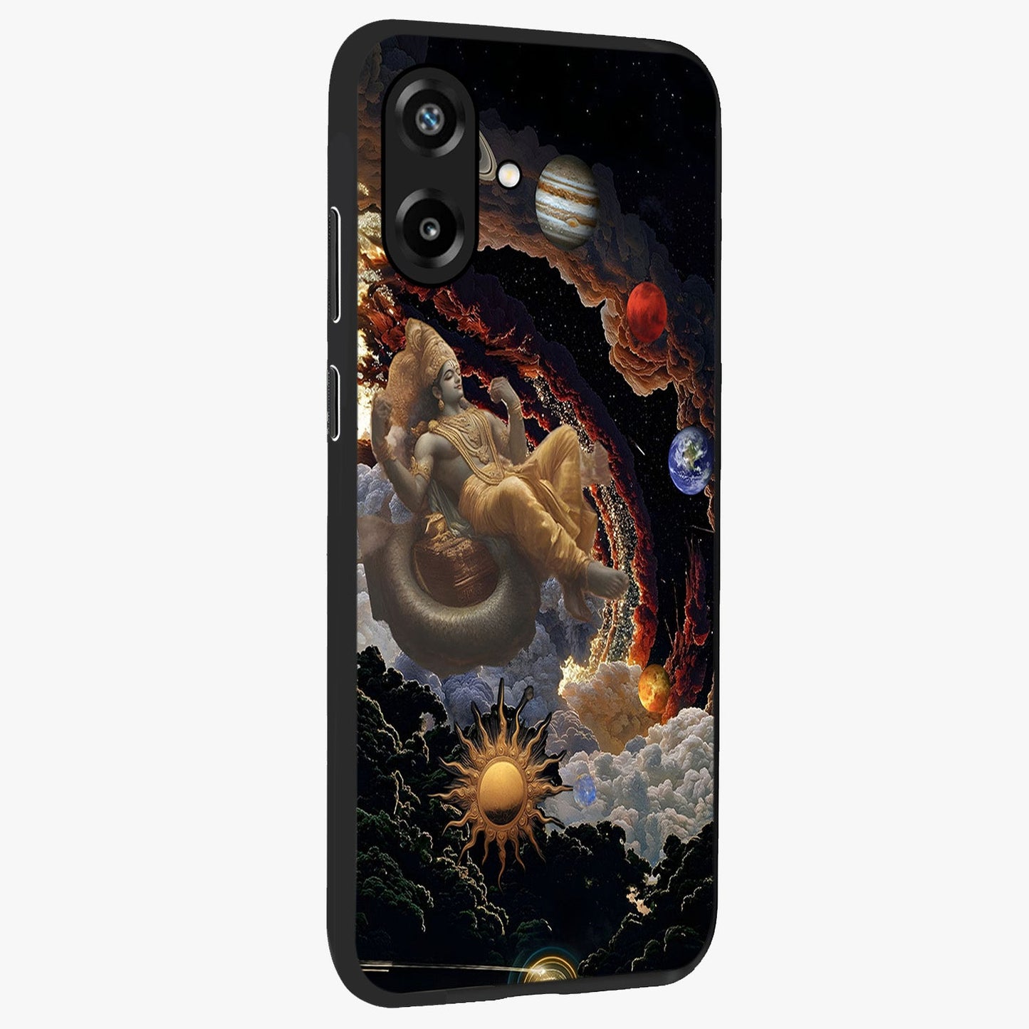 Galactic Divine God Glass Case upright view showcasing mystical divine artwork with dramatic cosmic theme.