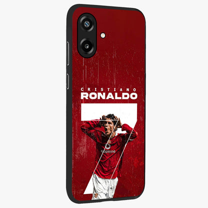 Goal Celebration Legacy Glass Case upright view showcasing dynamic football inspired artwork with victory celebration aesthetic.