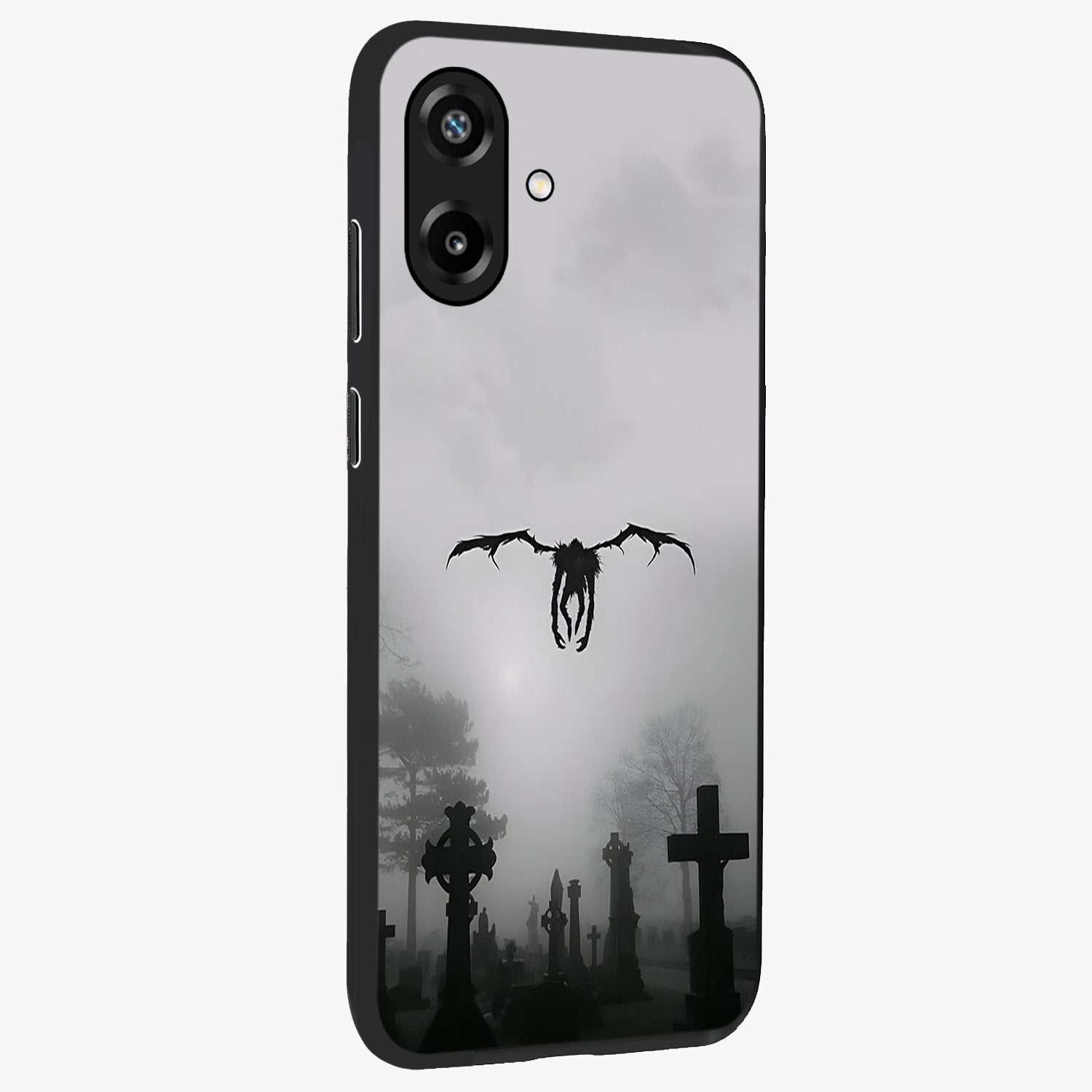 Graveyard Shadow Descent Glass Case upright view showcasing haunting graveyard artwork with dramatic dark theme.