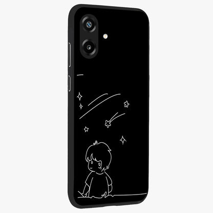 Line Art Boy With Shooting Stars Glass Case upright view showcasing artistic shooting star illustration with minimal style.