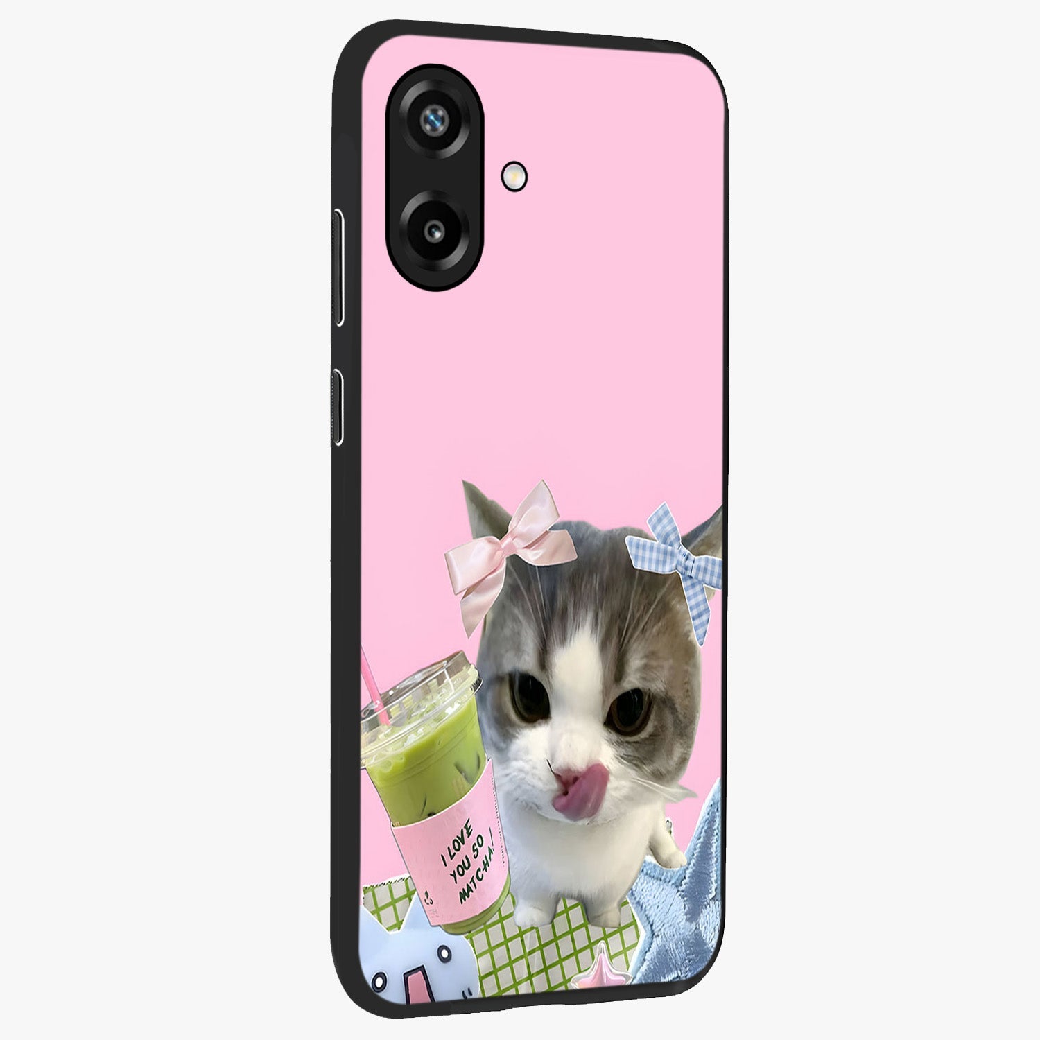 Love Matcha Cat Glass Case upright view showcasing adorable cat artwork with charming matcha themed design.