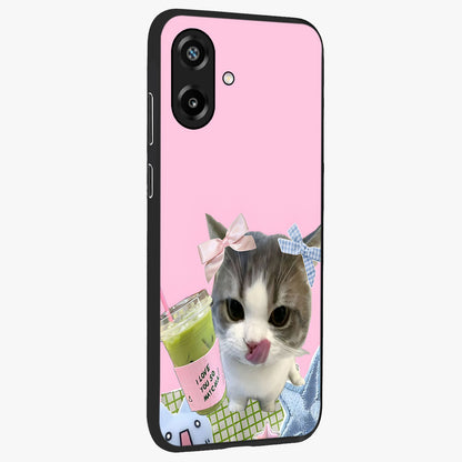 Love Matcha Cat Glass Case upright view showcasing adorable cat artwork with charming matcha themed design.