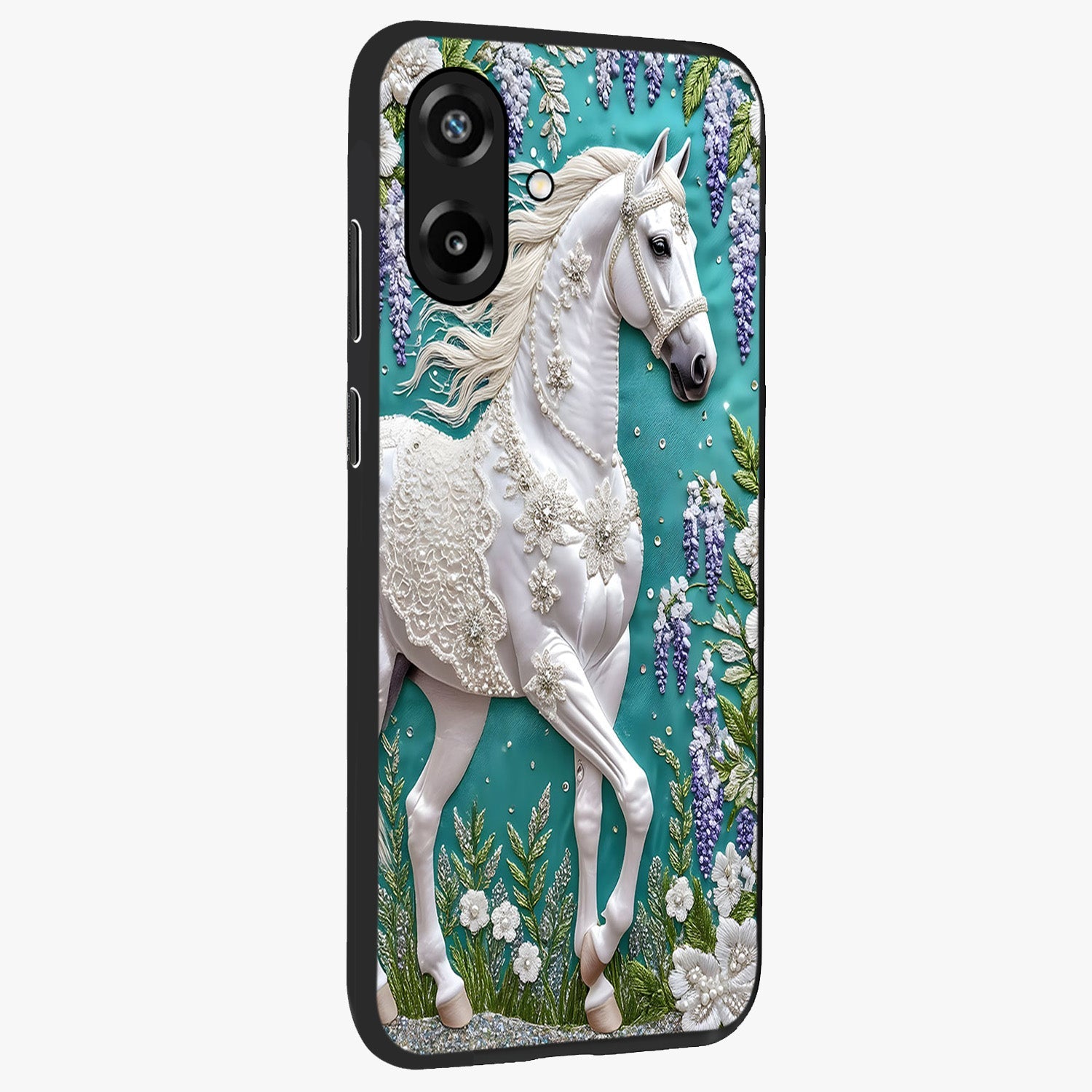 Majestic Floral Stallion Glass Case upright view showcasing dramatic horse artwork with decorative floral theme.