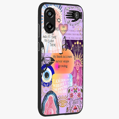 Manifestation Collage Glass Case upright view showcasing artistic manifestation themed artwork with creative style.