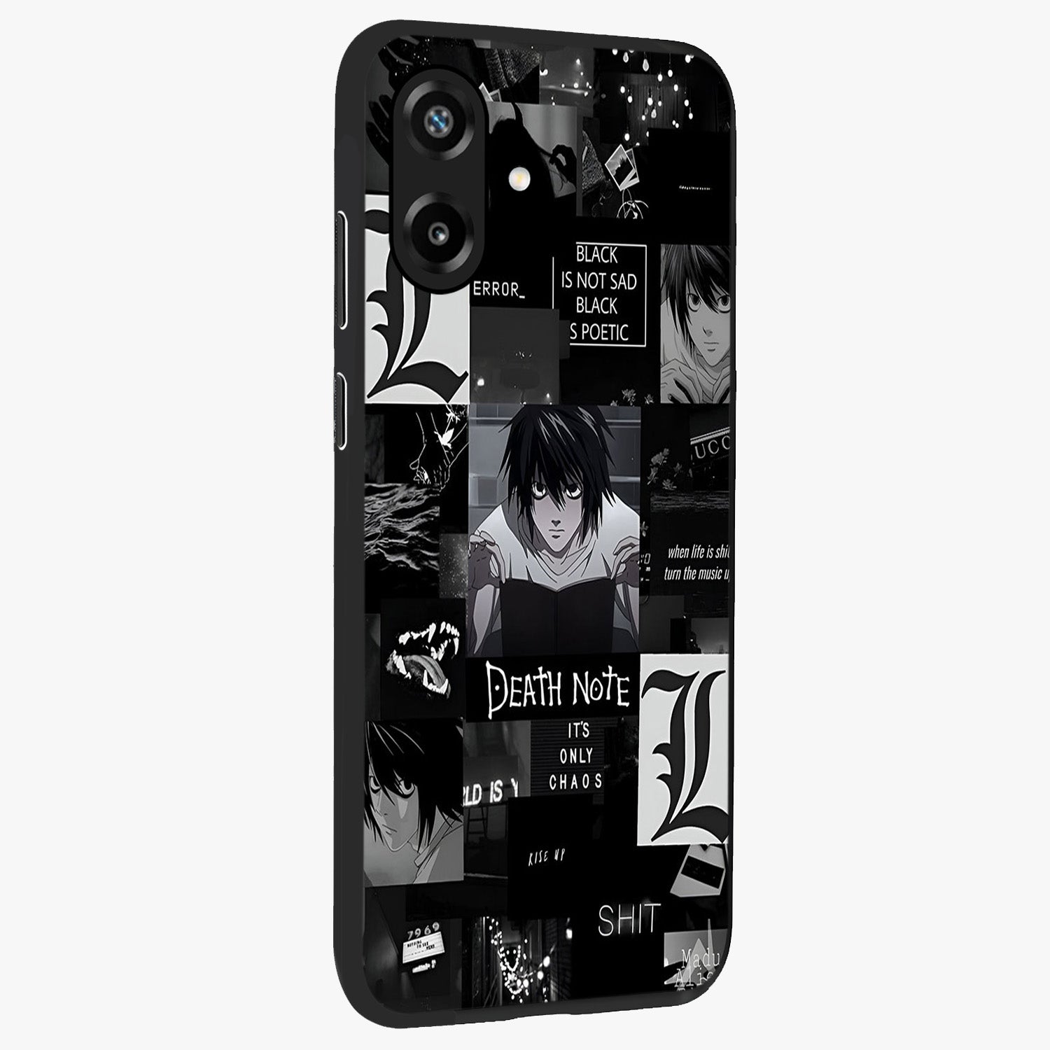 Midnight Chaos Mind Glass Case upright view showcasing expressive abstract artwork with bold dark theme.