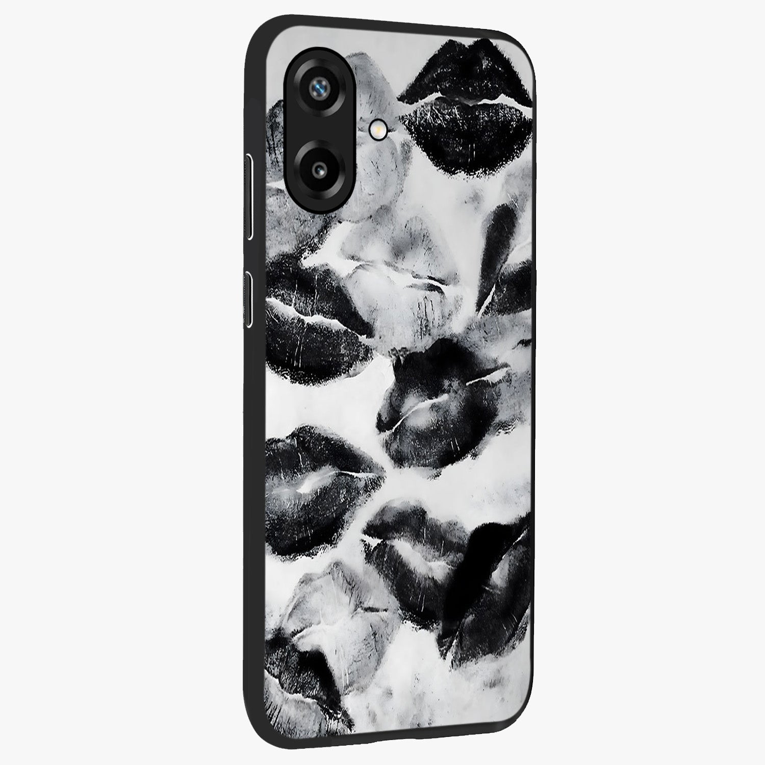Midnight Kiss Marks Glass Case upright view showcasing stylish kiss mark artwork with trendy romantic theme.