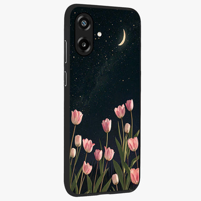 Midnight Tulip Whispers Vibe Glass Case upright view showcasing graceful tulip artwork with calm botanical theme.