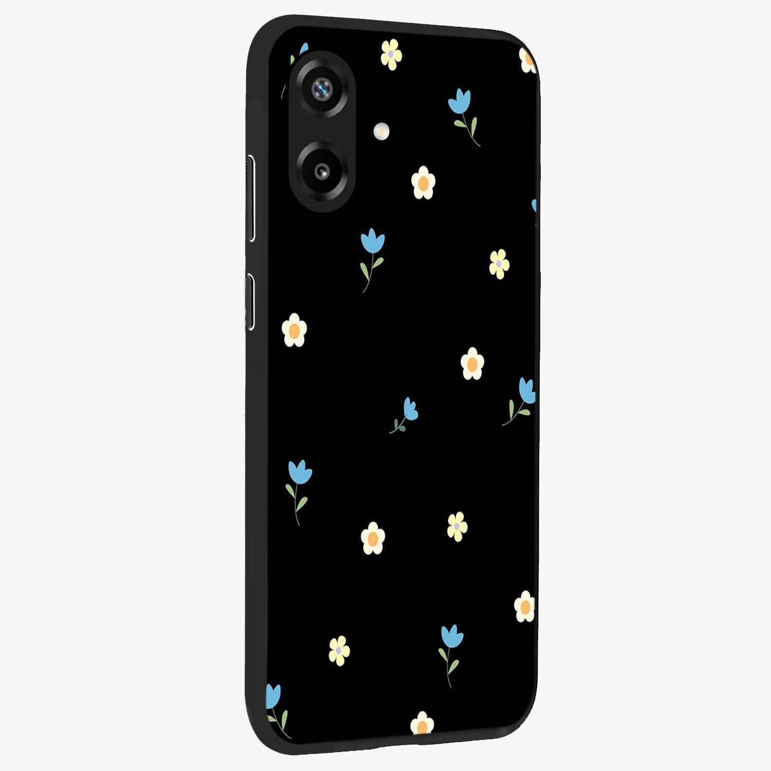 Minimal Petal Whispers Glass Case upright view showcasing elegant floral artwork with modern minimalist style.