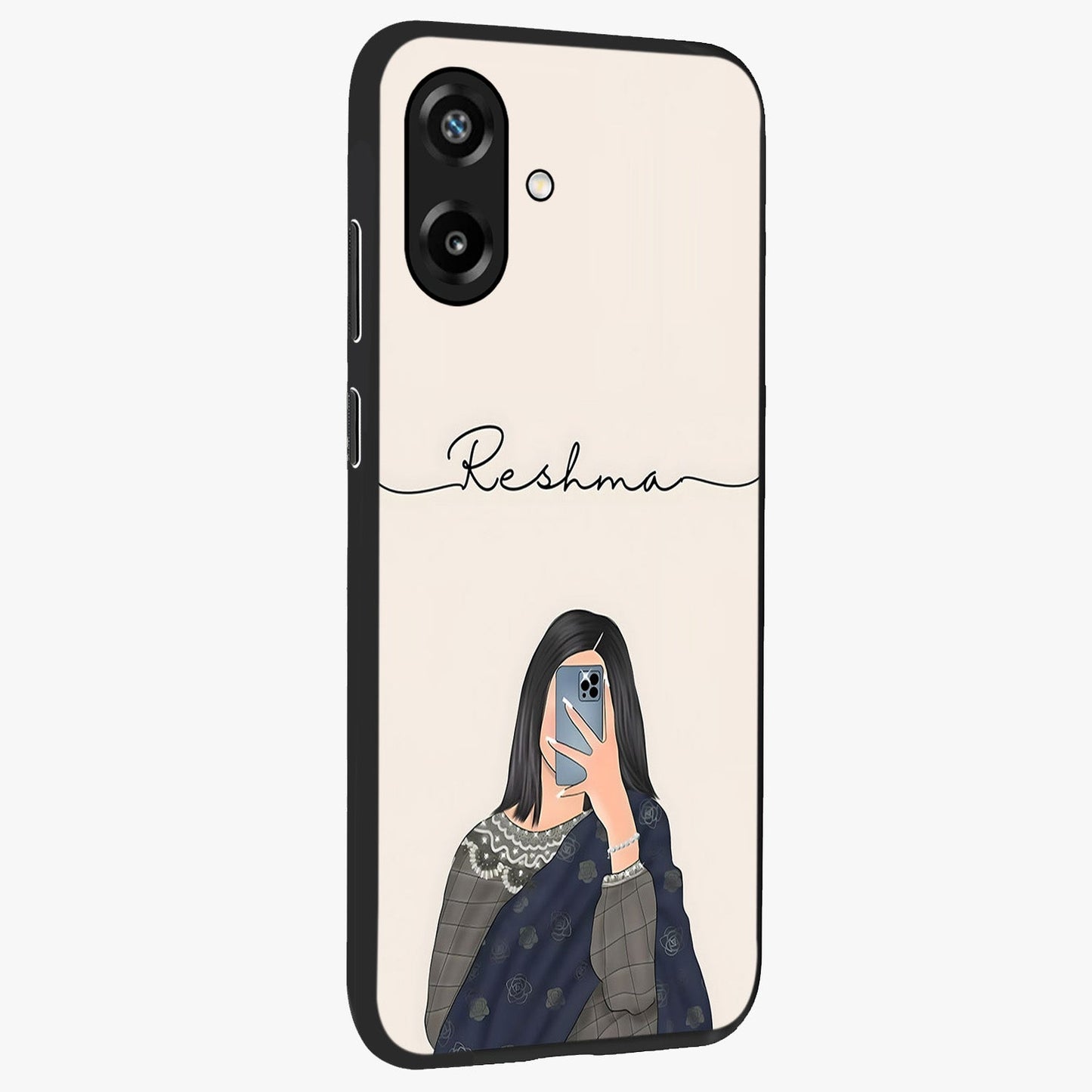 Mirror Mood Muse With Custom Name Glass Case upright view showcasing artistic mirror themed artwork with personalized aesthetic.