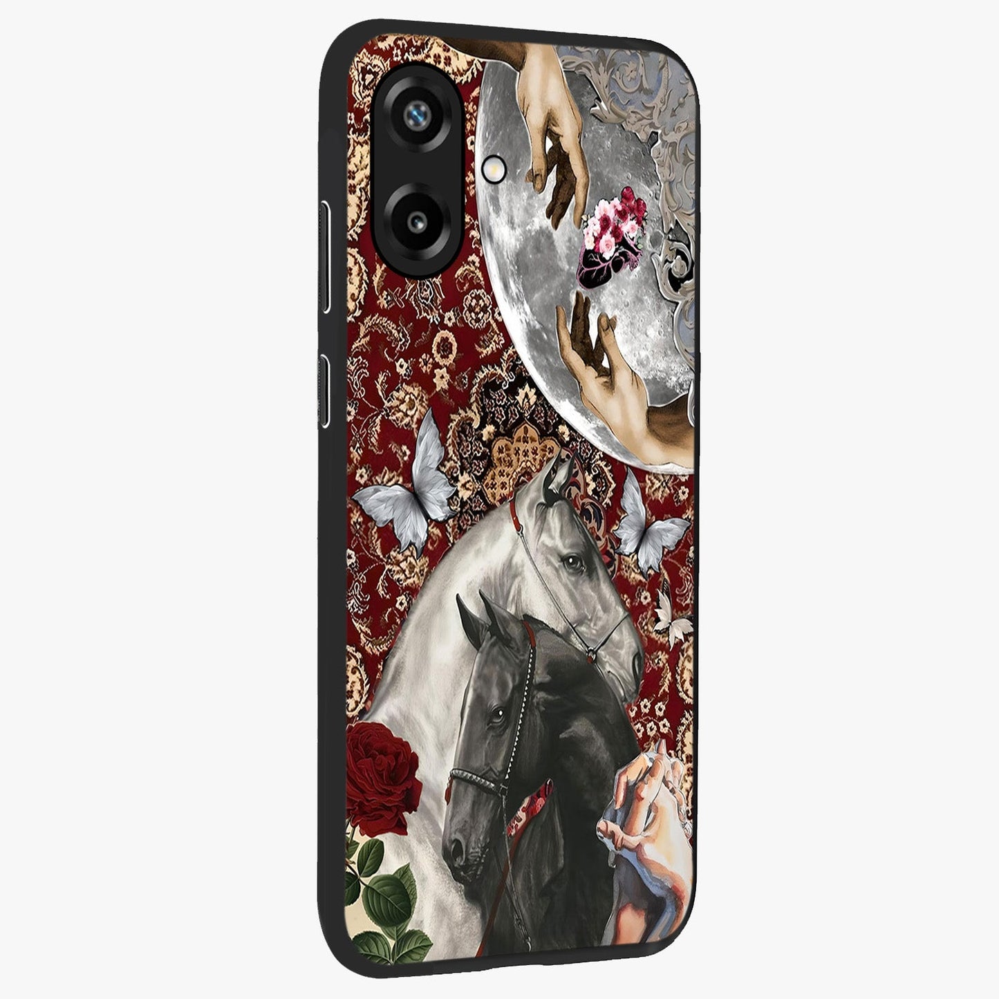 Moonlit Royal Stallion Glass Case upright view showcasing dramatic horse artwork with glowing moon themed design.