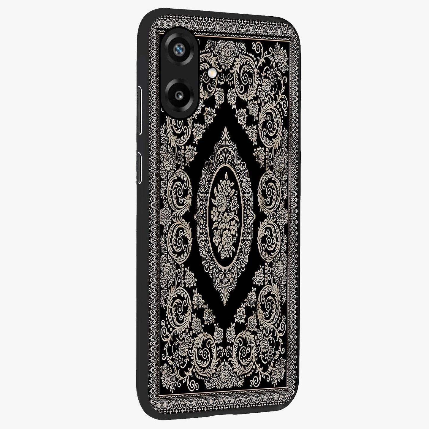 Noir Bloom Elegance Glass Case upright view showcasing graceful floral artwork with luxurious dark theme.