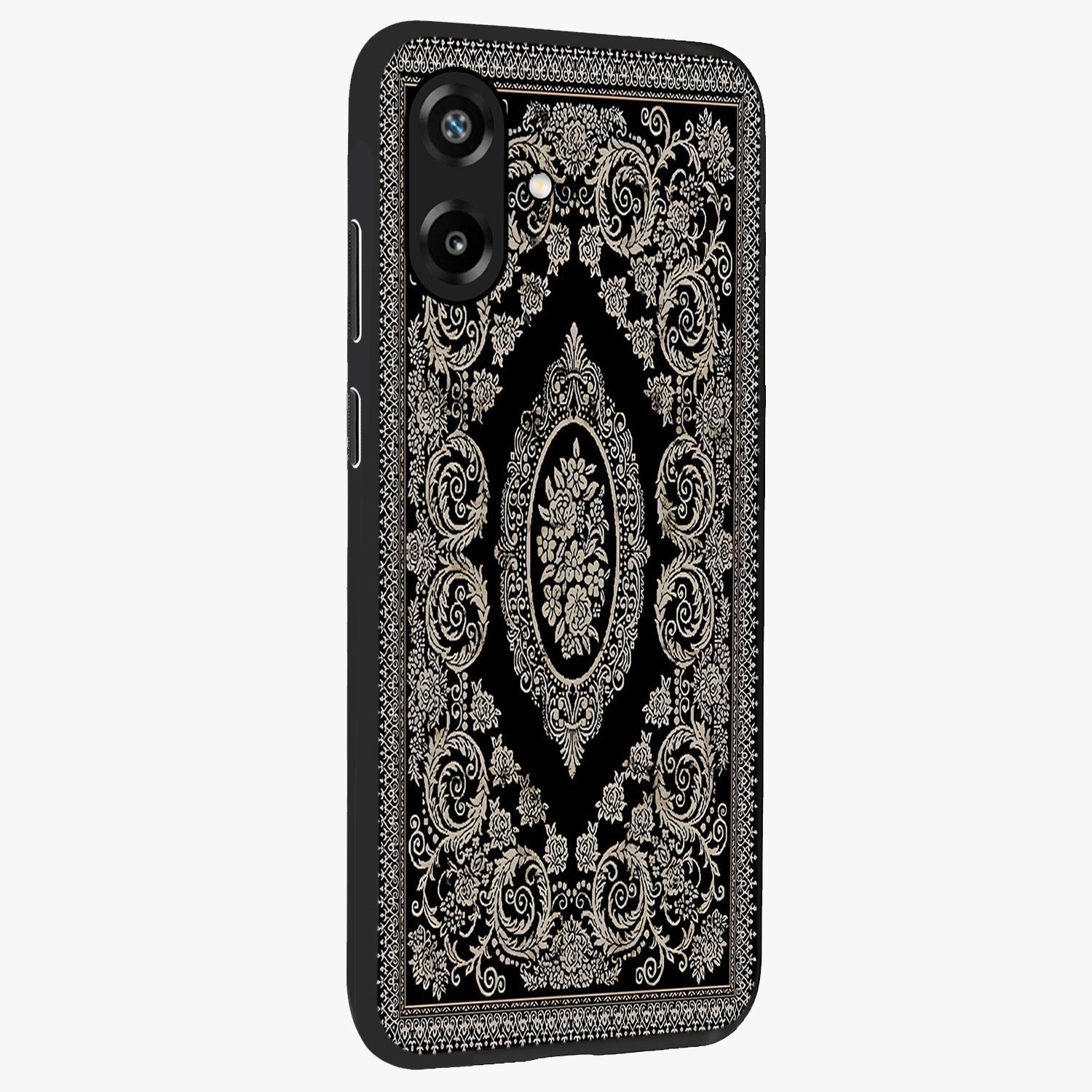 Noir Bloom Elegance Glass Case upright view showcasing graceful floral artwork with luxurious dark theme.