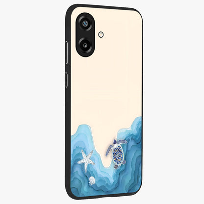 Ocean Drift Turtle Glass Case upright view showcasing calm underwater turtle artwork with nature inspired theme.