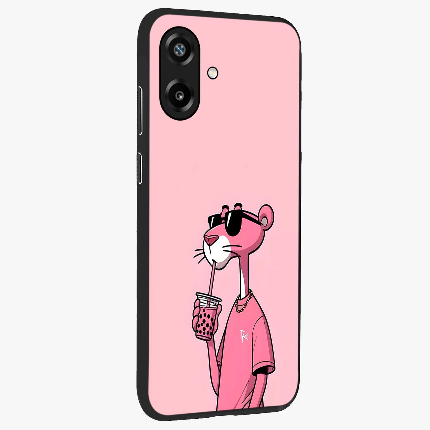 Pink Panther Glass Case upright view showcasing fun animated artwork with stylish retro cartoon theme.