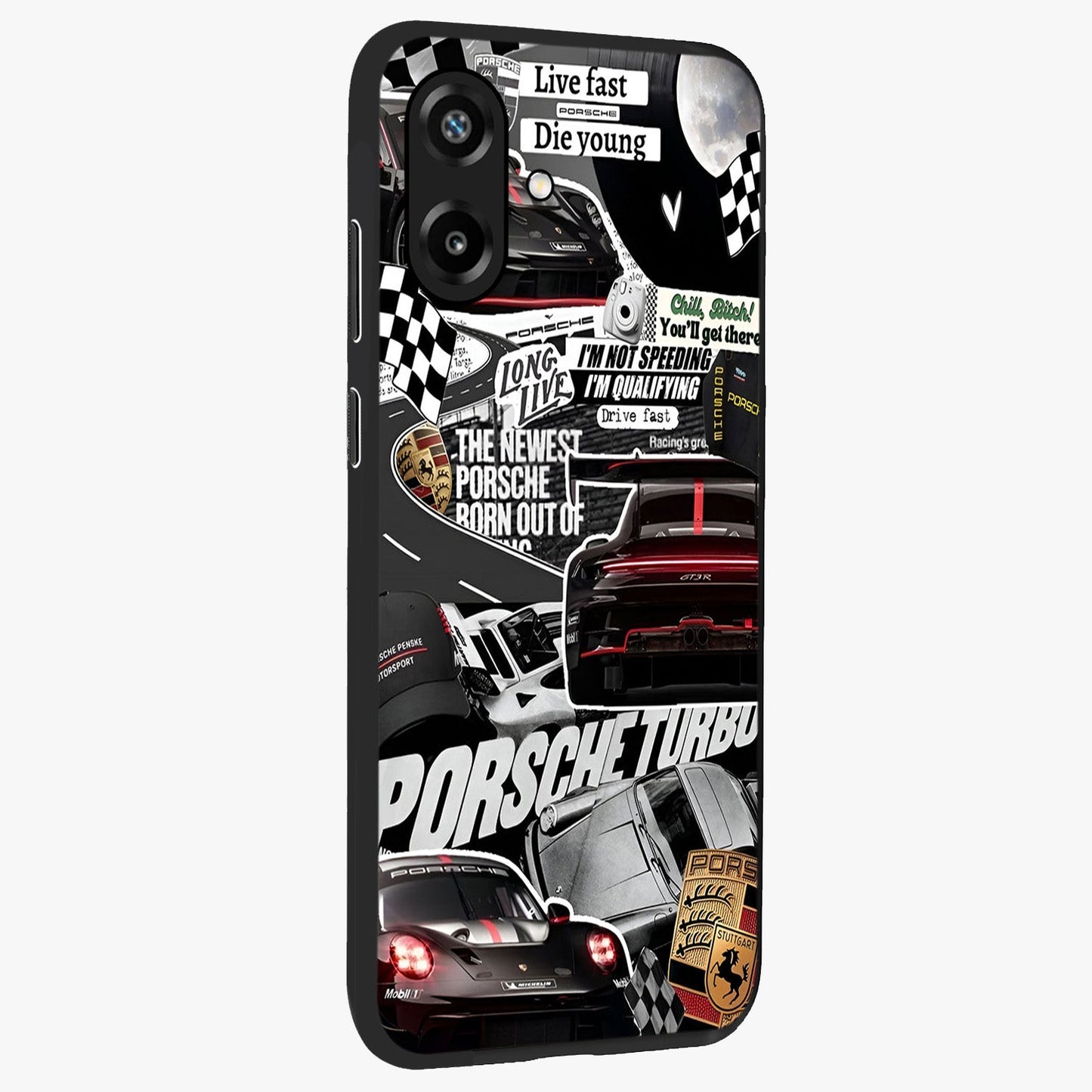 Porsche Racing Collage Glass Case upright view showcasing energetic car collage artwork with high speed racing theme.