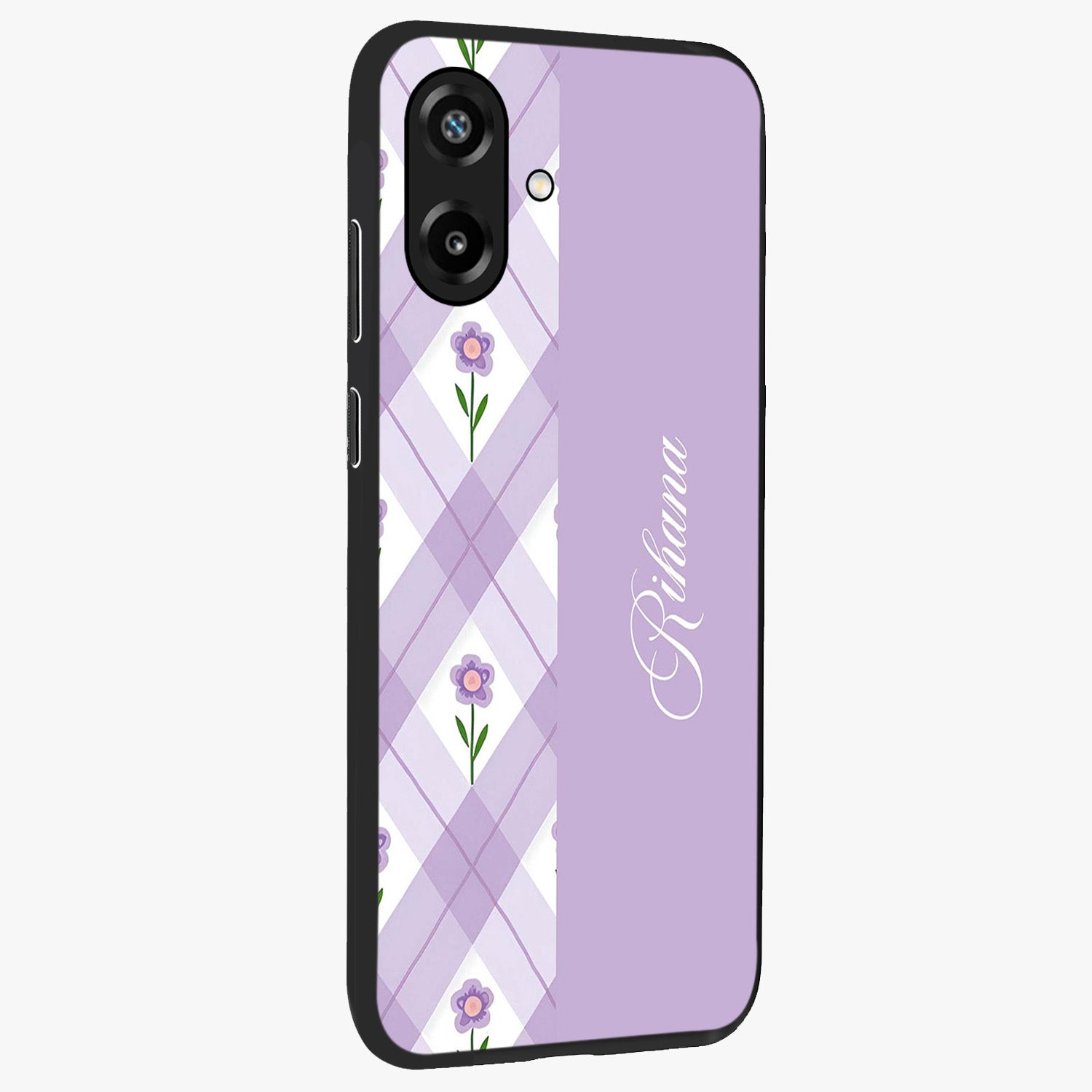 Purple Diamond Floral Glass Case upright view showcasing vibrant floral artwork with stylish geometric theme.