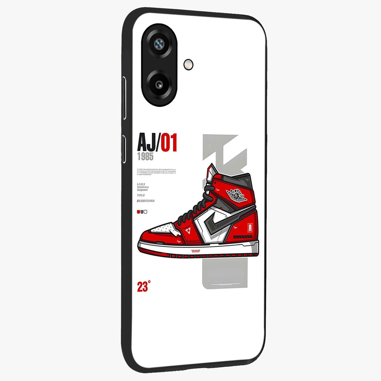 Retro Sneaker Blueprint Glass Case upright view showcasing stylish sneaker illustration with vintage streetwear theme.