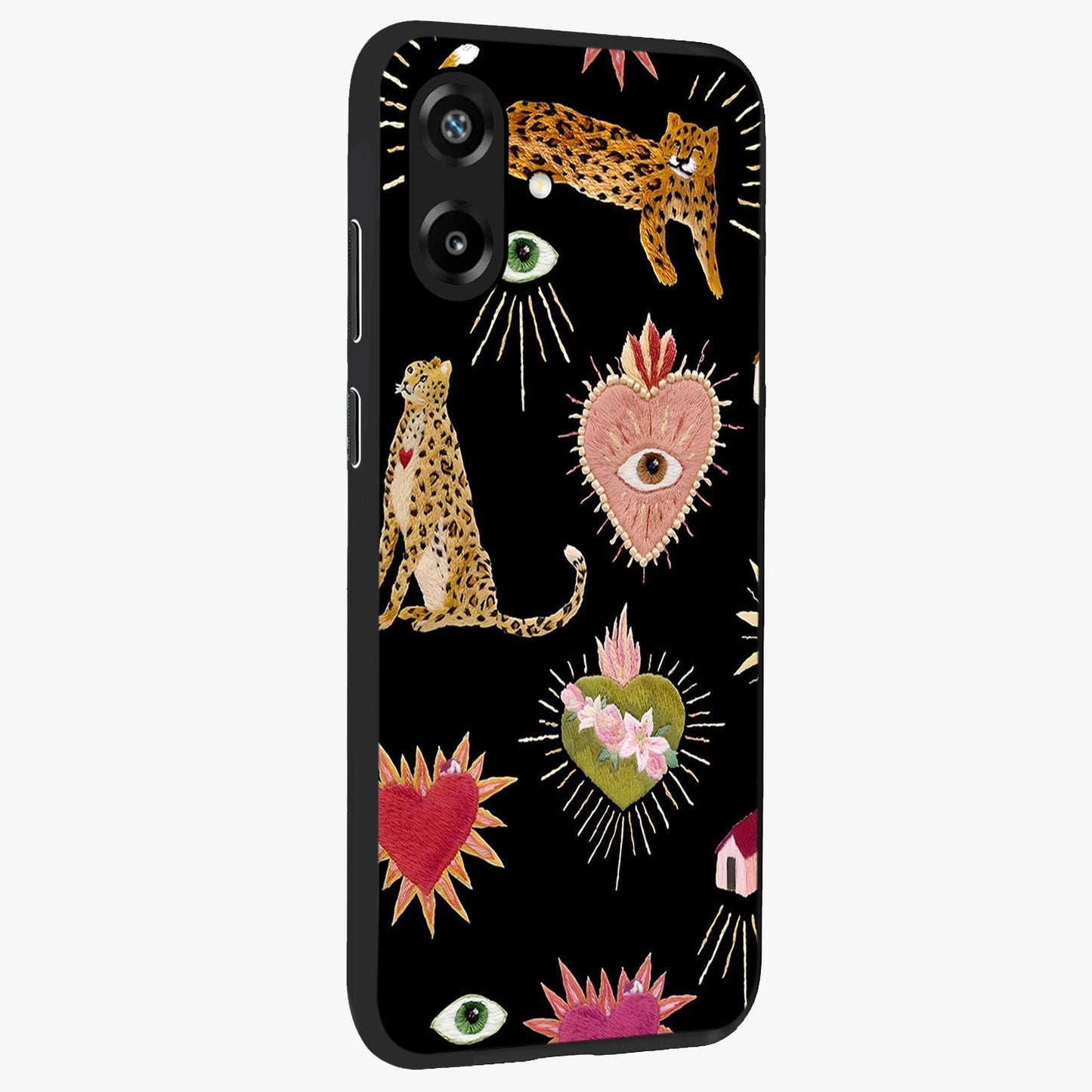Sacred Jungle Heart Glass Case upright view showcasing vibrant jungle artwork with symbolic heart theme.