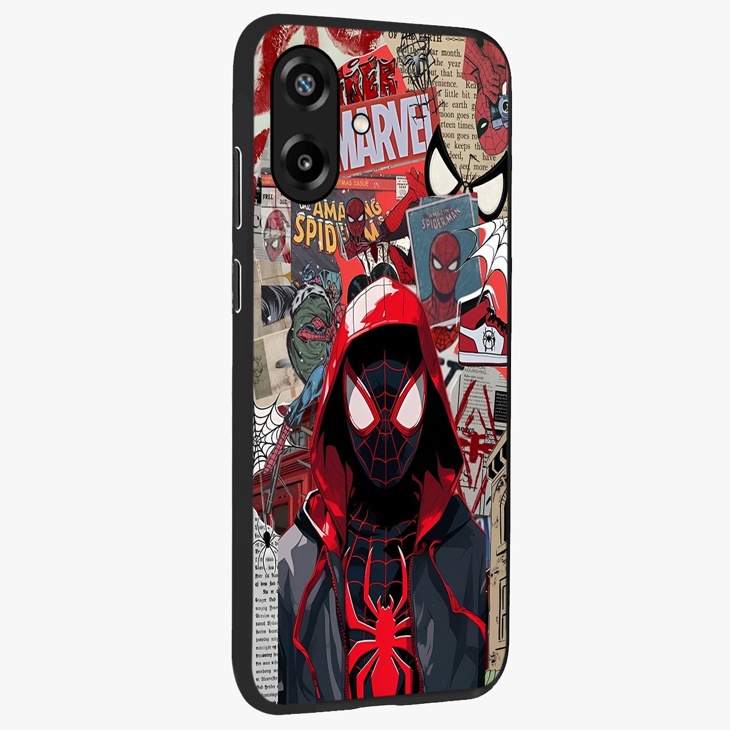 Spider Collage Street Glass Case upright view showcasing bold superhero artwork with urban street theme.