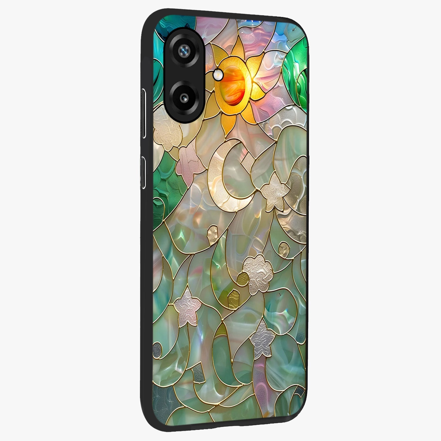 Stained Sunrise Glow Glass Case upright view showcasing colorful sunrise artwork with warm morning theme.