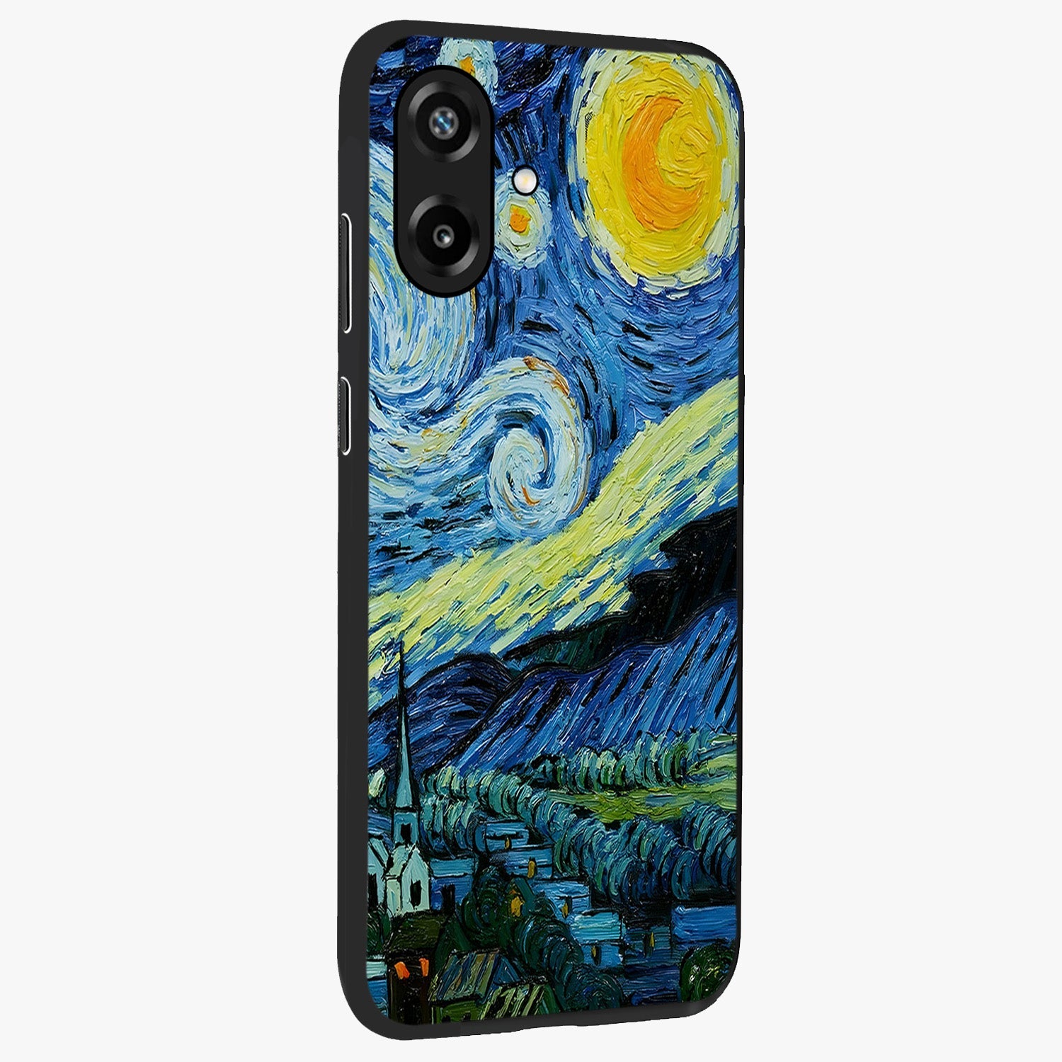 Van Gogh Art Glass Case upright view showcasing expressive painting style artwork with timeless artistic theme.