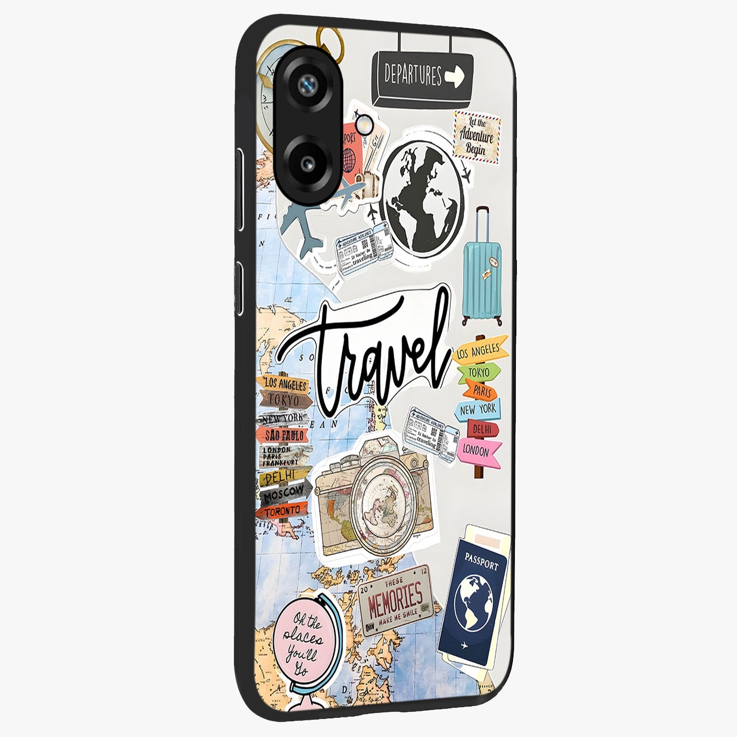 Wanderlust Journal Glass Case upright view showcasing wanderlust inspired artwork with creative exploration theme.