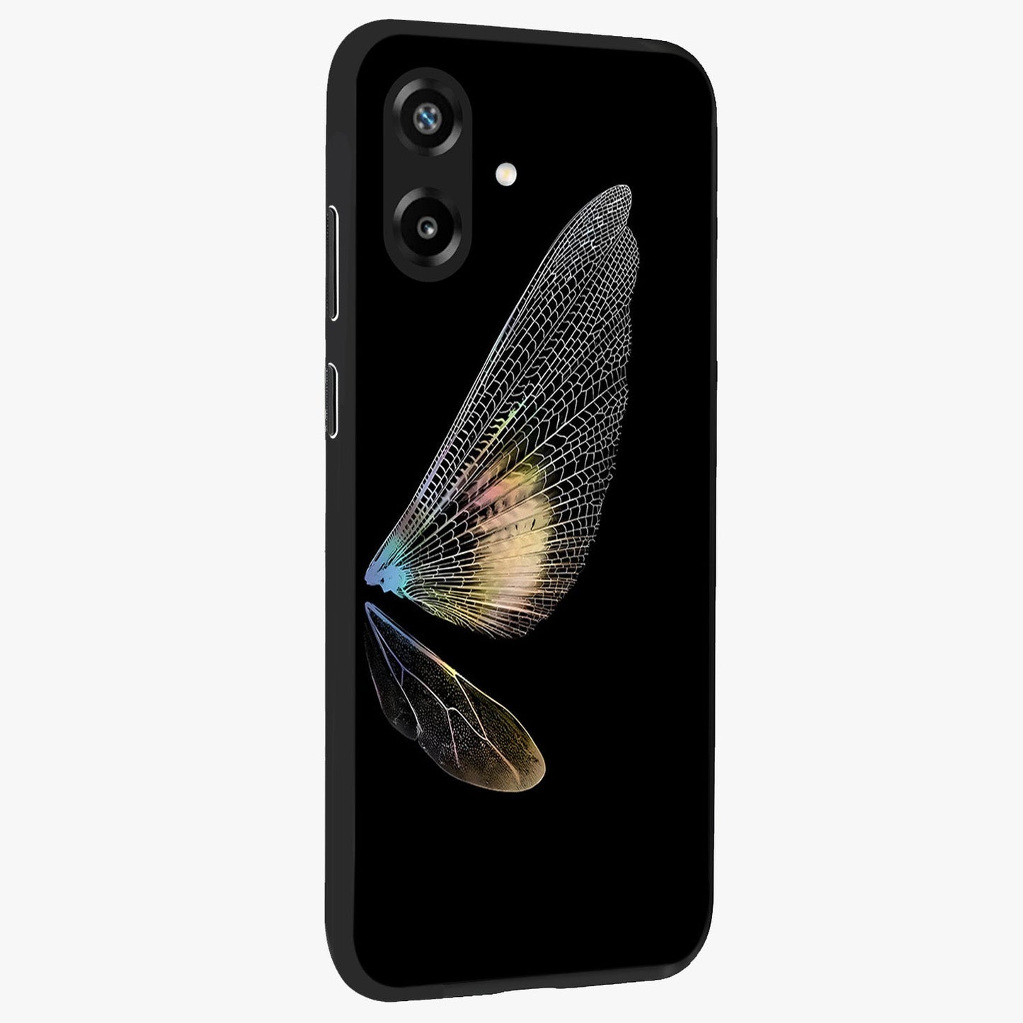 Whispers Of Wings Glass Case upright view showcasing elegant wing artwork with light airy theme.