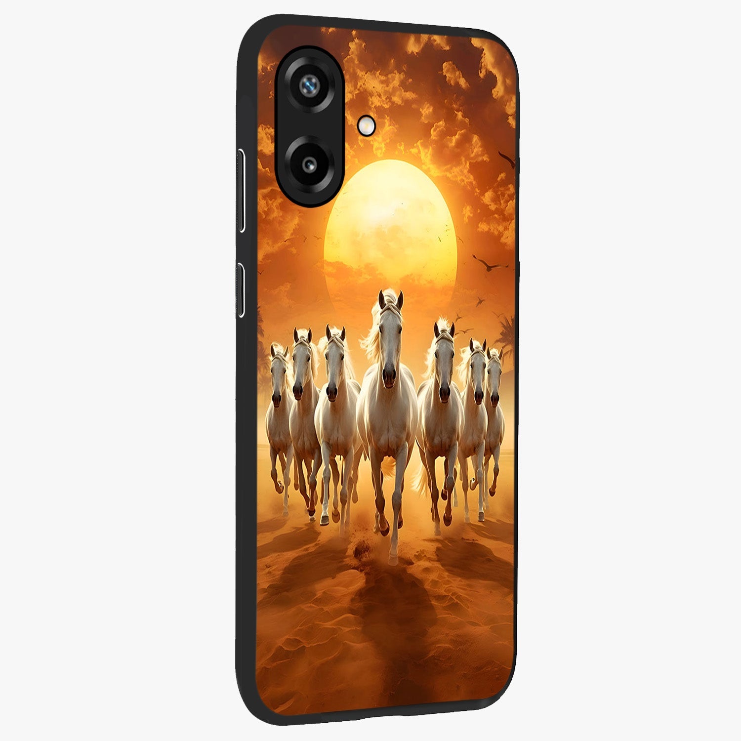 Wild Sunset Majesty Glass Case upright view showcasing dramatic sunset artwork with bold nature theme.