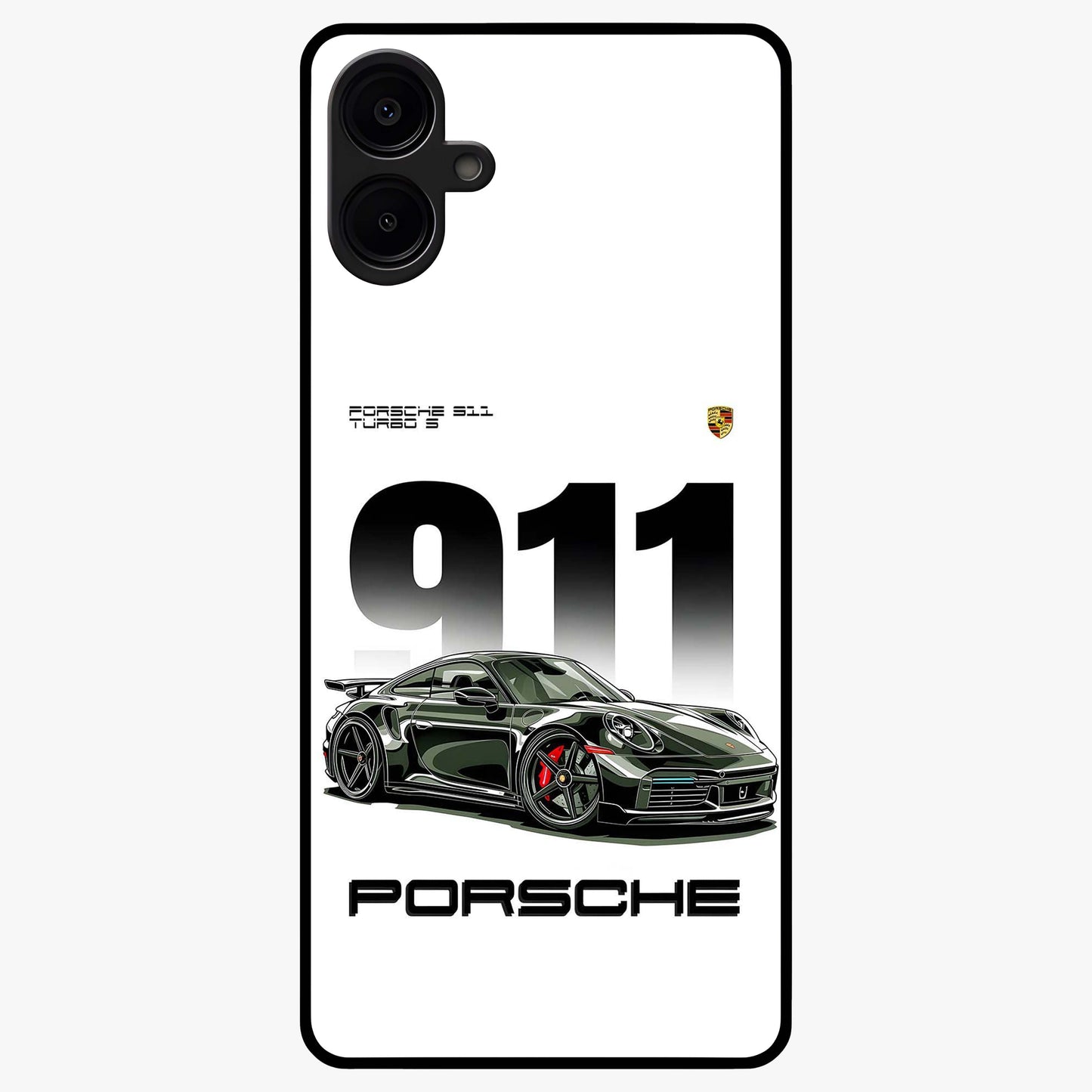 911 Turbo Dominance Glass Case showing clean flat back view with bold 911 sports car artwork and glossy glass finish.