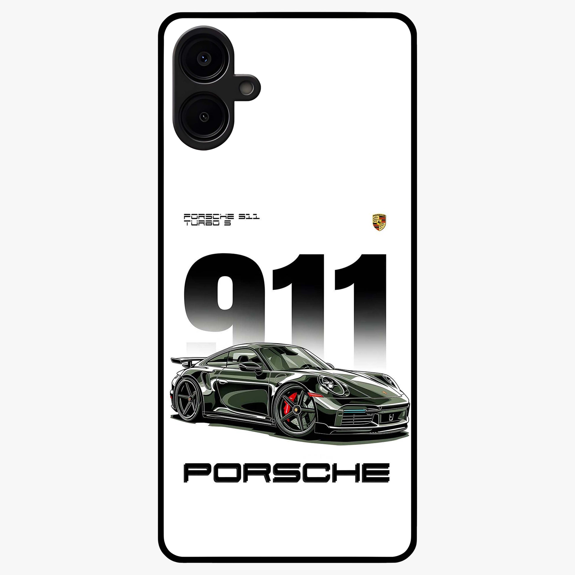 911 Turbo Dominance Glass Case showing clean flat back view with bold 911 sports car artwork and glossy glass finish.