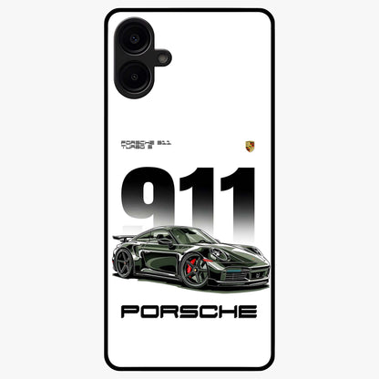 911 Turbo Dominance Glass Case showing clean flat back view with bold 911 sports car artwork and glossy glass finish.