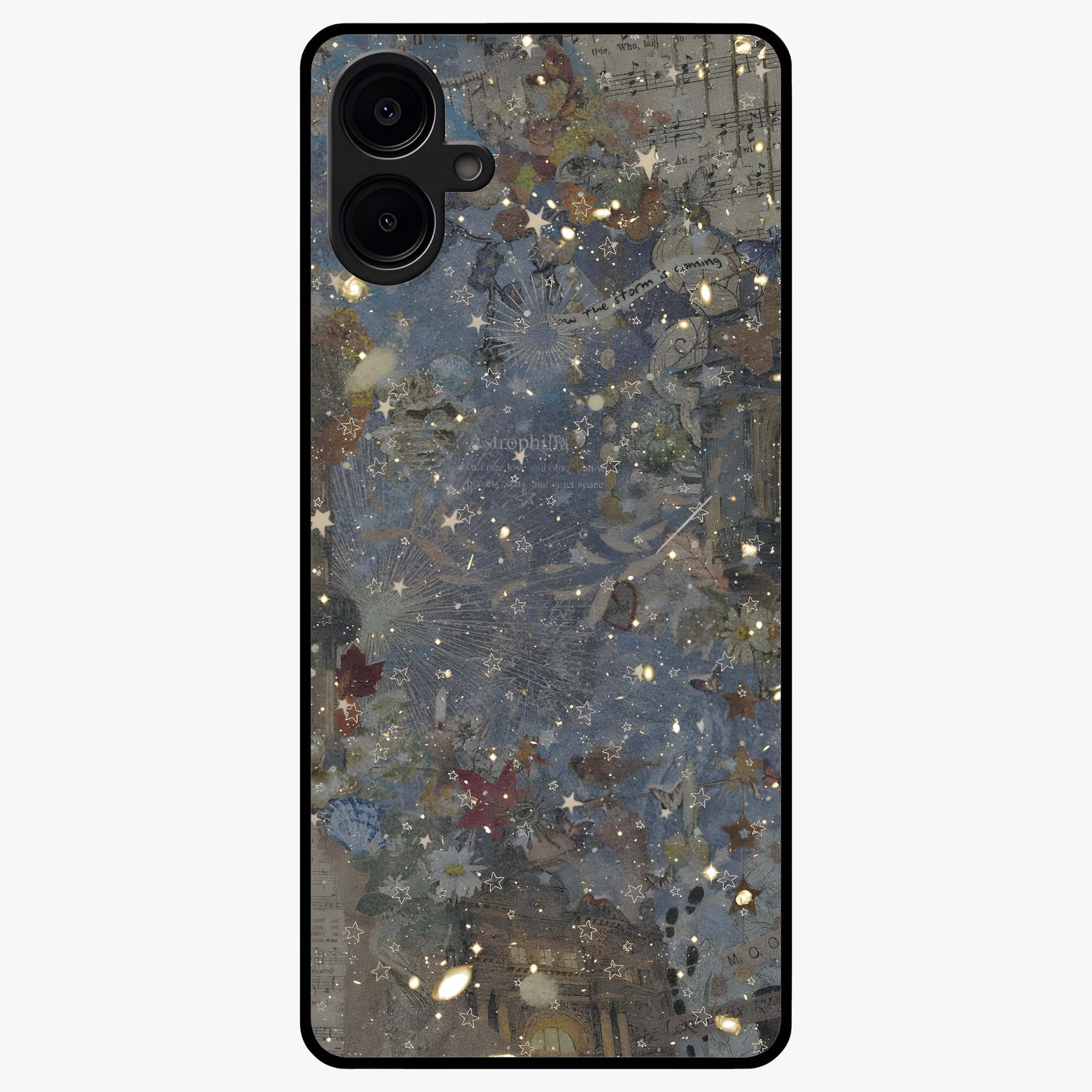 Aesthetic Astrolophia Glass Case showing flat back view with dreamy aesthetic design and glossy glass finish.