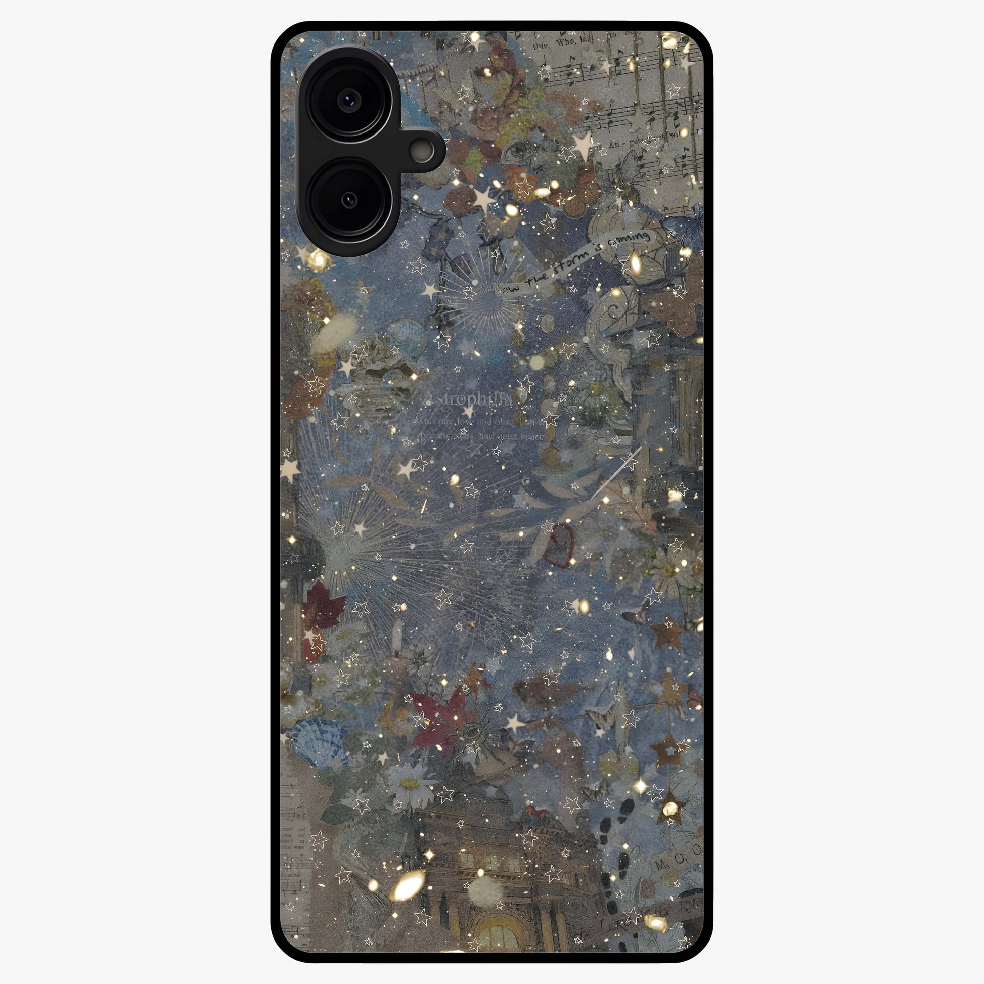 Aesthetic Astrolophia Glass Case showing flat back view with dreamy aesthetic design and glossy glass finish.