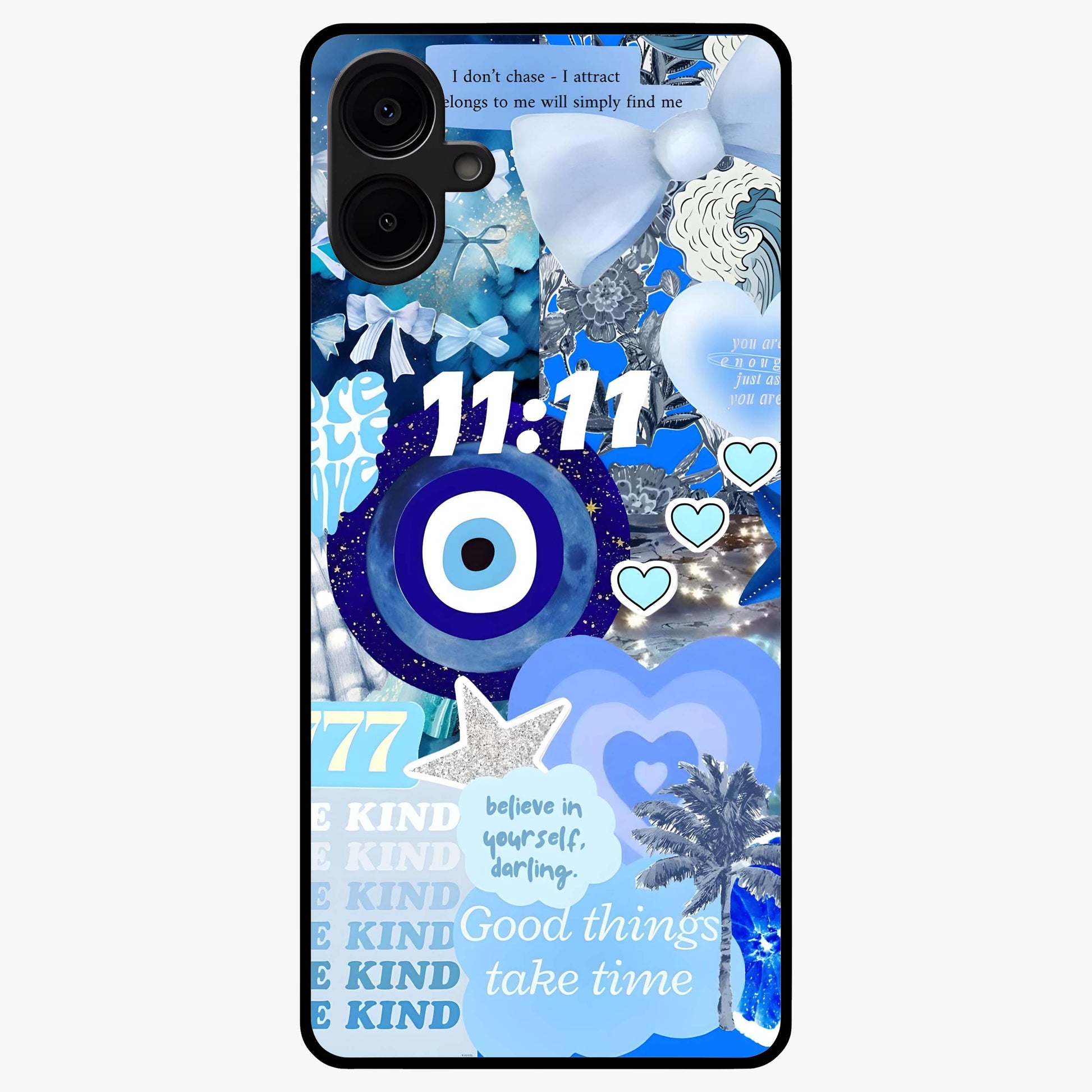Aesthetic Be Kind Eye Glass Case showing flat back view with motivational eye artwork and glossy glass finish.