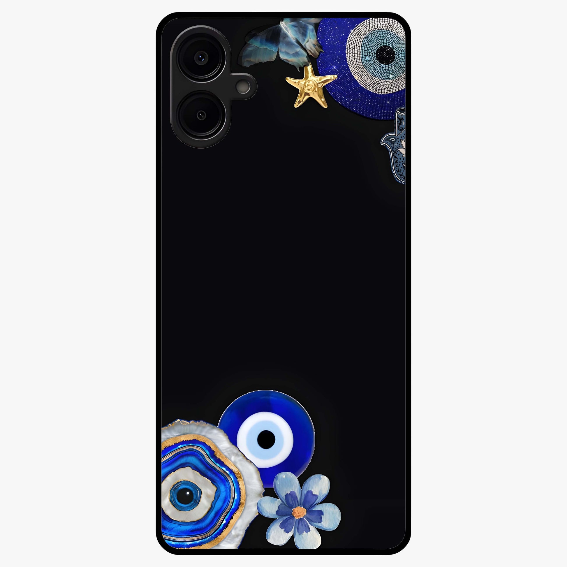 Aesthetic Blue Evil Eye Glass Case showing flat back view with protective evil eye artwork and glossy glass finish.