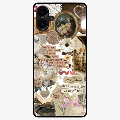 Aesthetic Brown Vintage Collage Glass Case showing flat back view with retro collage artwork and glossy glass finish.