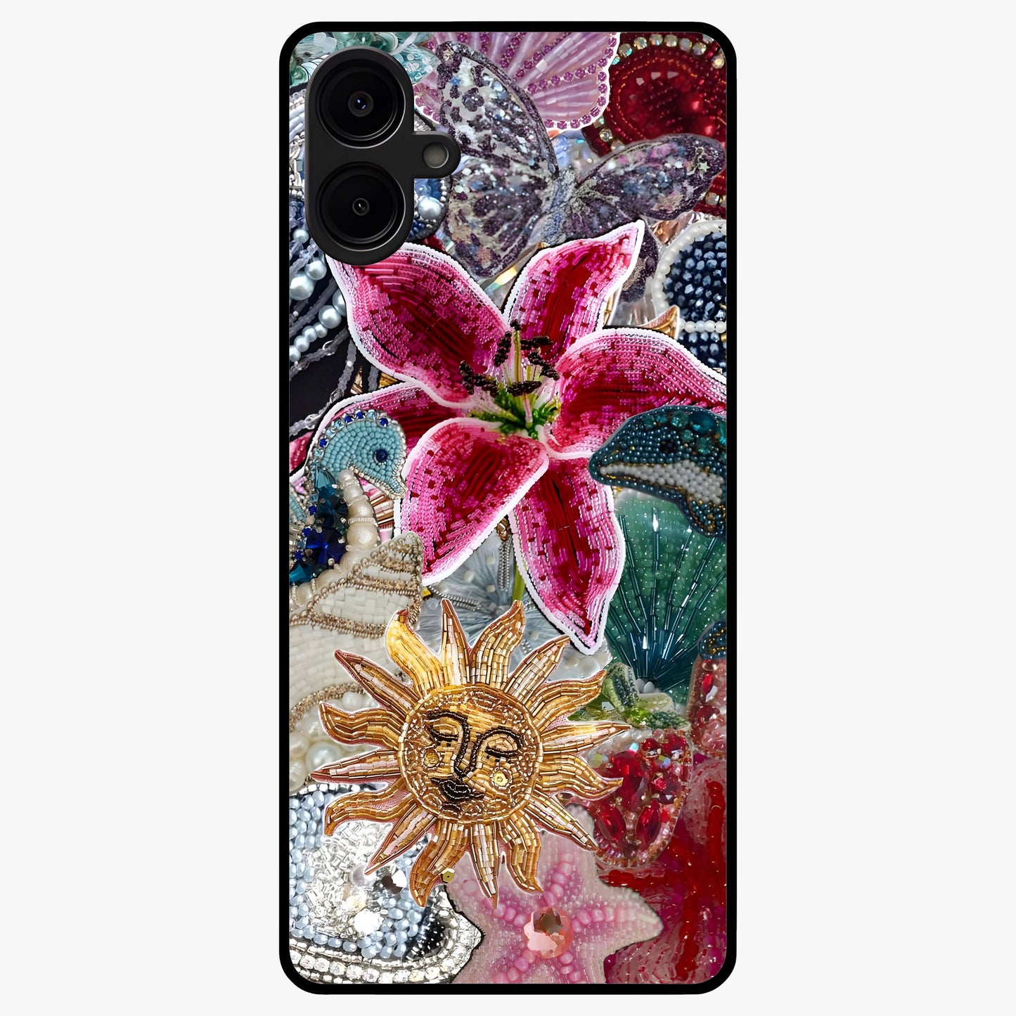 Beaded Garden Fantasy Glass Case showing flat back view with dreamy garden bead artwork and glossy glass finish.