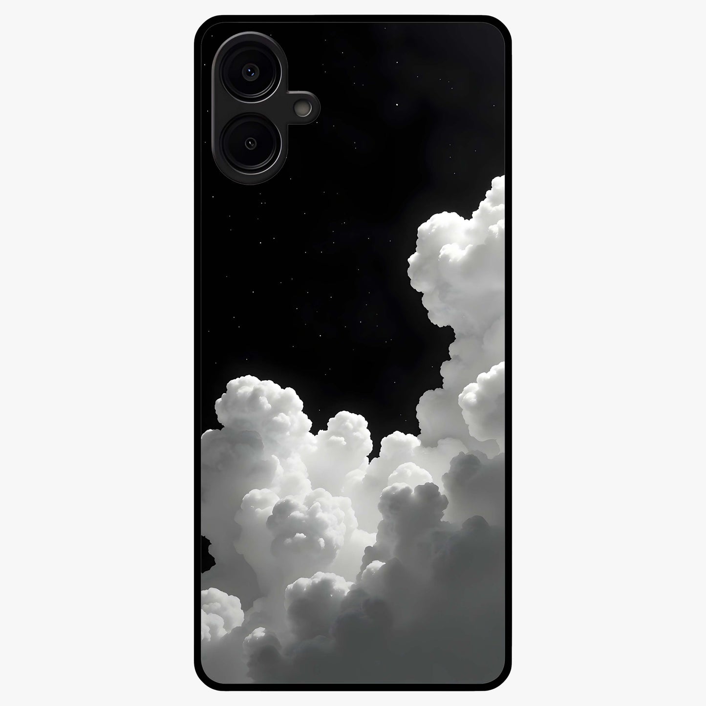 Black Background With White Cloud Glass Case showing flat back view with minimal cloud artwork on dark background and glossy glass finish.