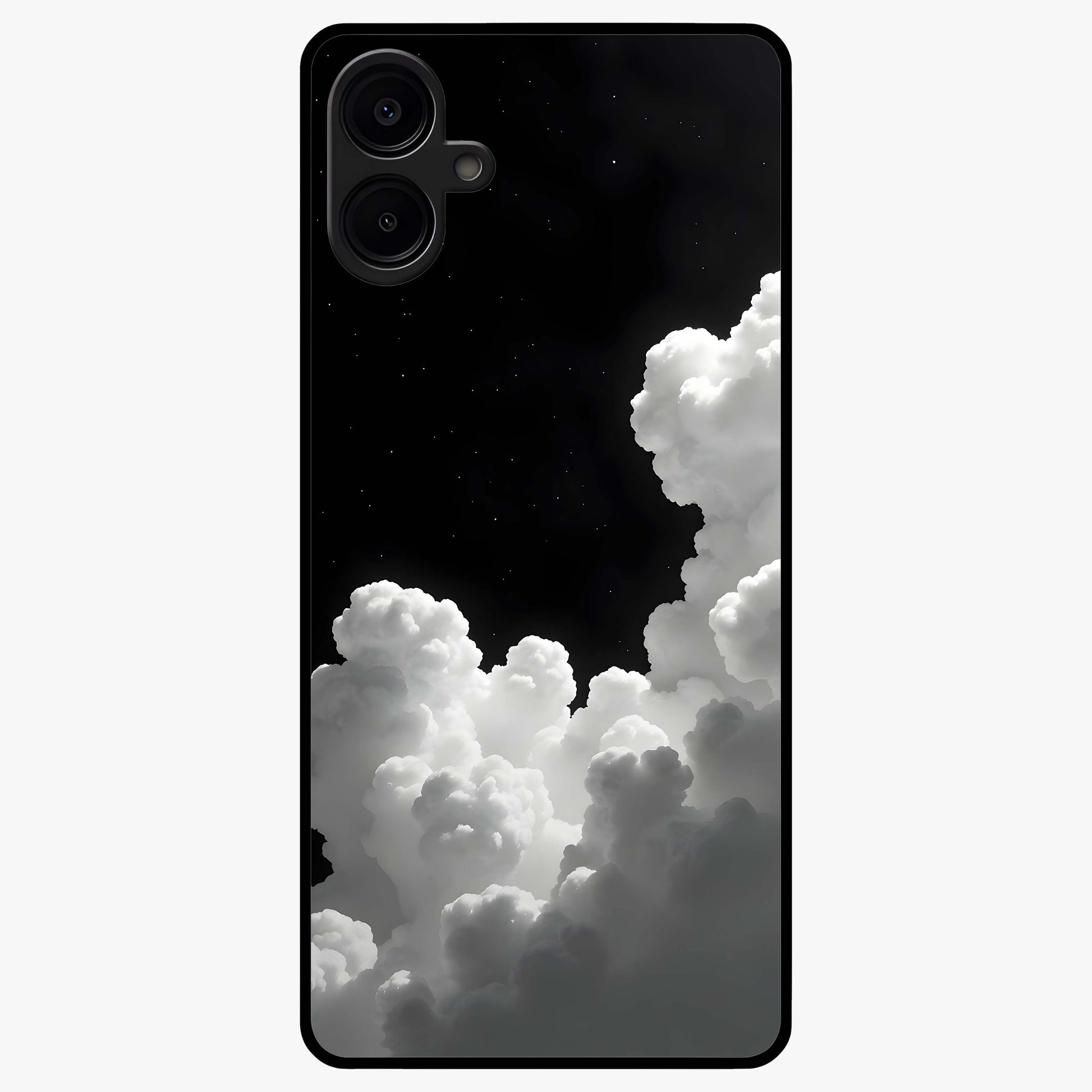 Black Background With White Cloud Glass Case showing flat back view with minimal cloud artwork on dark background and glossy glass finish.