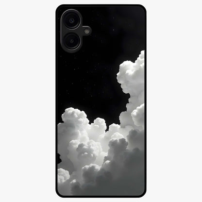 Black Background With White Cloud Glass Case showing flat back view with minimal cloud artwork on dark background and glossy glass finish.