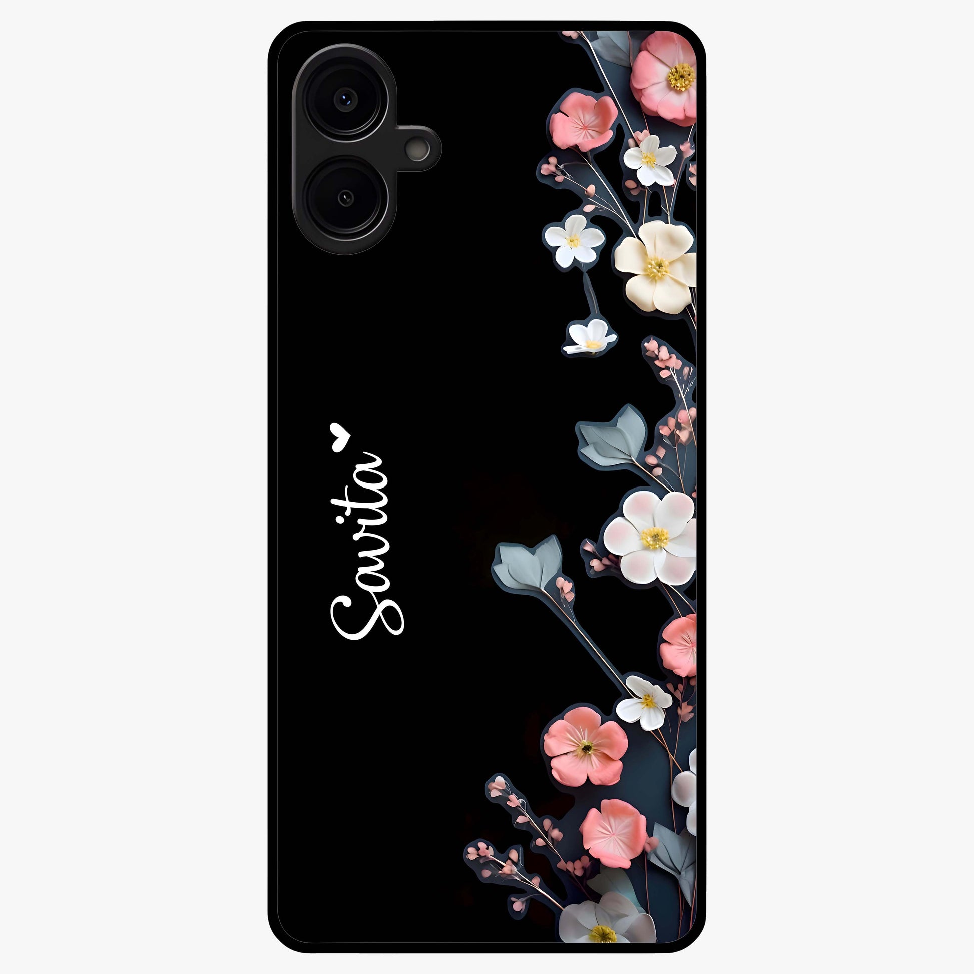 Black Elegance Floral Custom Name Glass Case showing flat back view with elegant floral artwork and personalized name design.