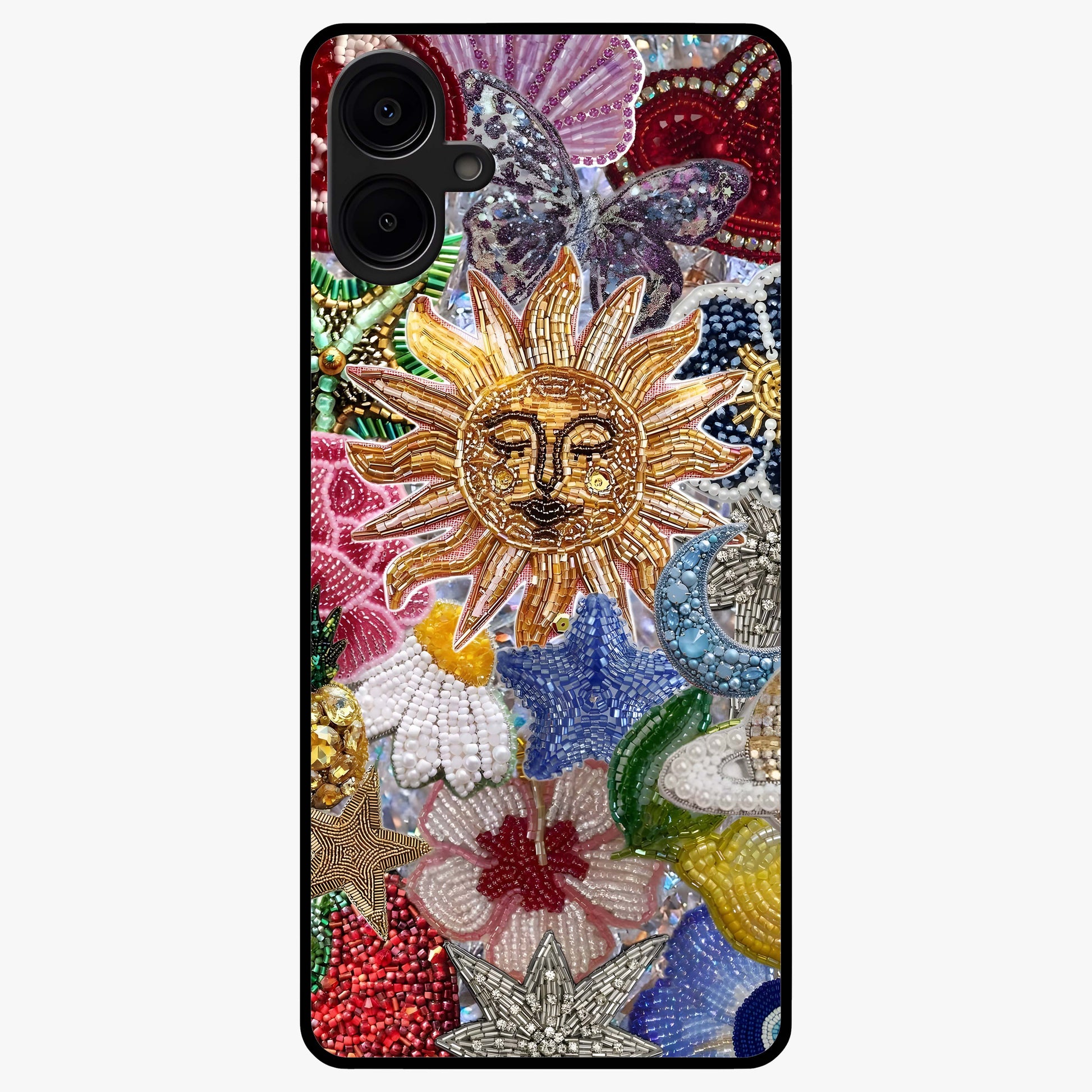 Celestial Floral and Playful Glass Case showing flat back view with floral and celestial themed artwork and glossy glass finish.